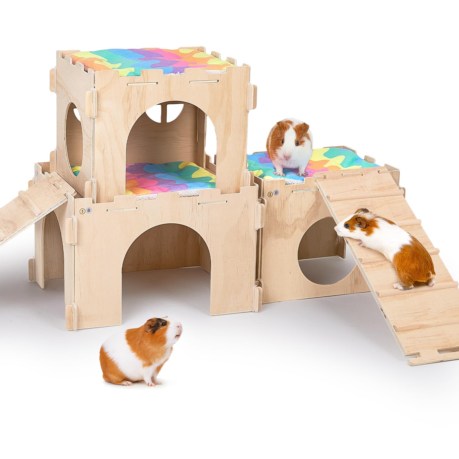 Guinea Pig Hideout, Guinea Pigs House with Stairs and Mats Extra Large Guinea Piggy Castle Detachable Hideouts for Small Animals