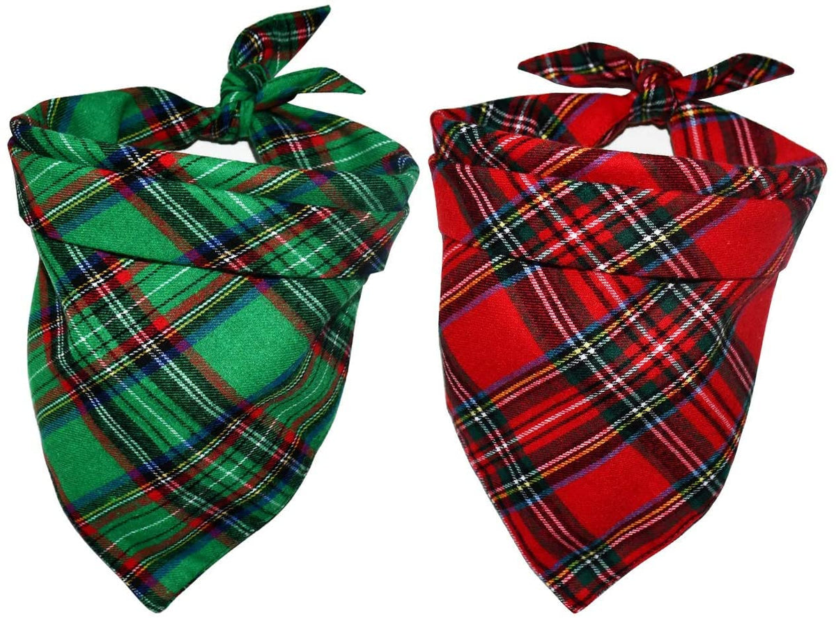 Malier 2 Pack Dog Bandana Christmas Classic Plaid Pets Scarf Triangle Bibs Kerchief Set Pet Costume Accessories Decoration For Small Medium Large Dogs Cats Pets (Green + Red, X-Large)