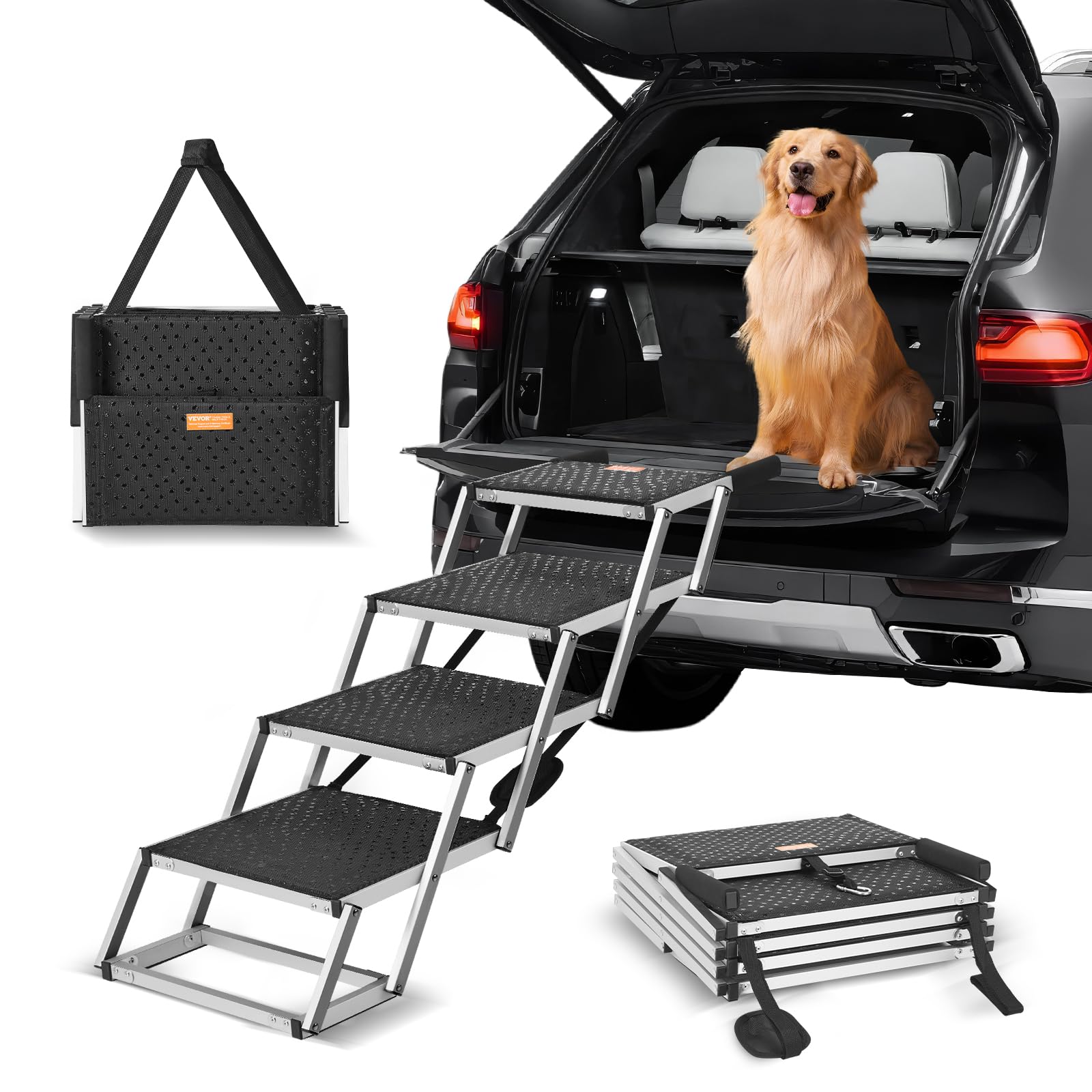 Vevor Dog Stair For Cars, Wide 4-Step Dog Car Steps, Folding Dog Car Ramp With Nonslip Surface, Portable Pet Steps Lightweight Aluminum For Car, Suv And Truck, Supports Up To 150 Lbs