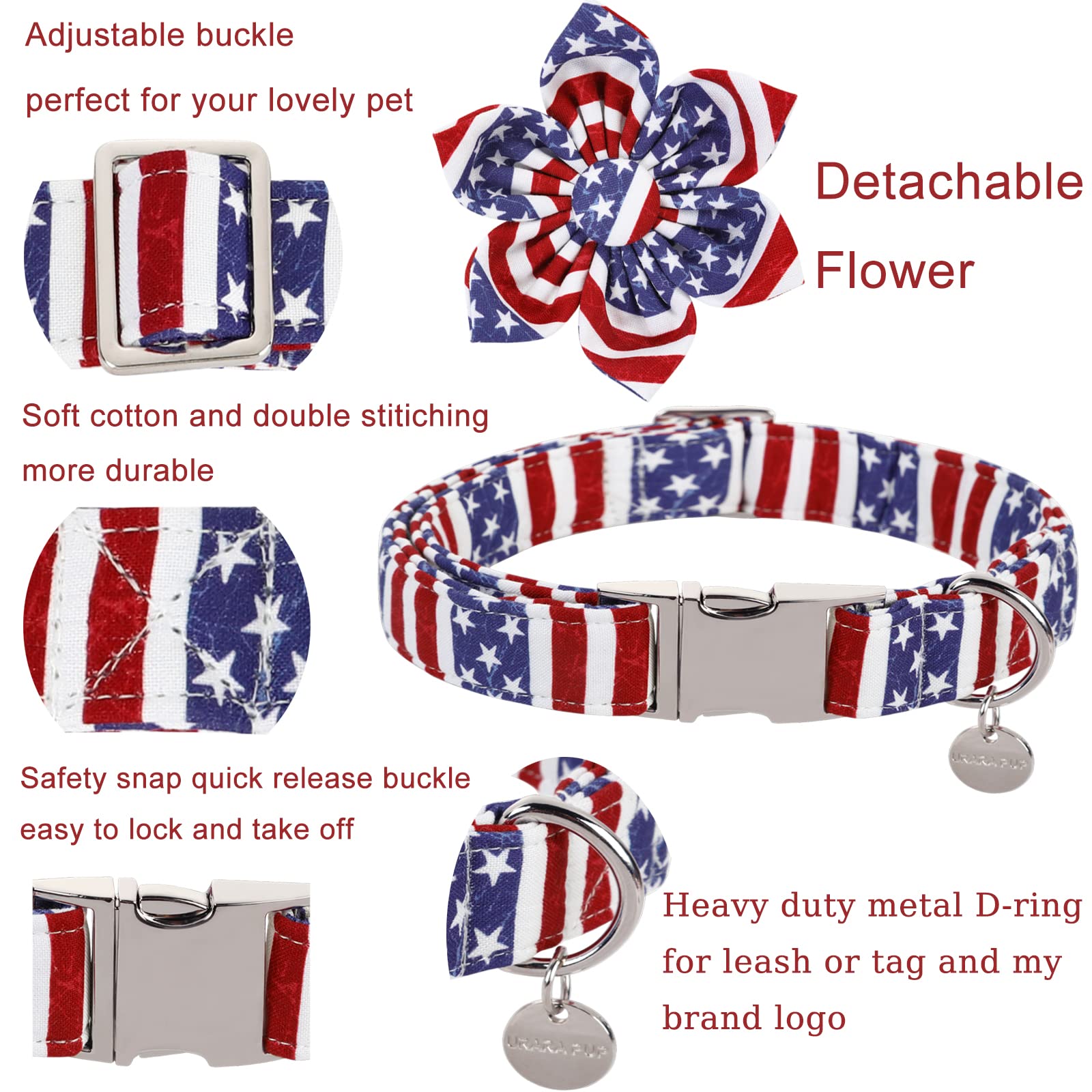Up Urara Pup Dog Collar With Flower, 4Th Of July Comfortable Cotton Dog Collar, American Flag Collar For Small Girl Dog, Patriot