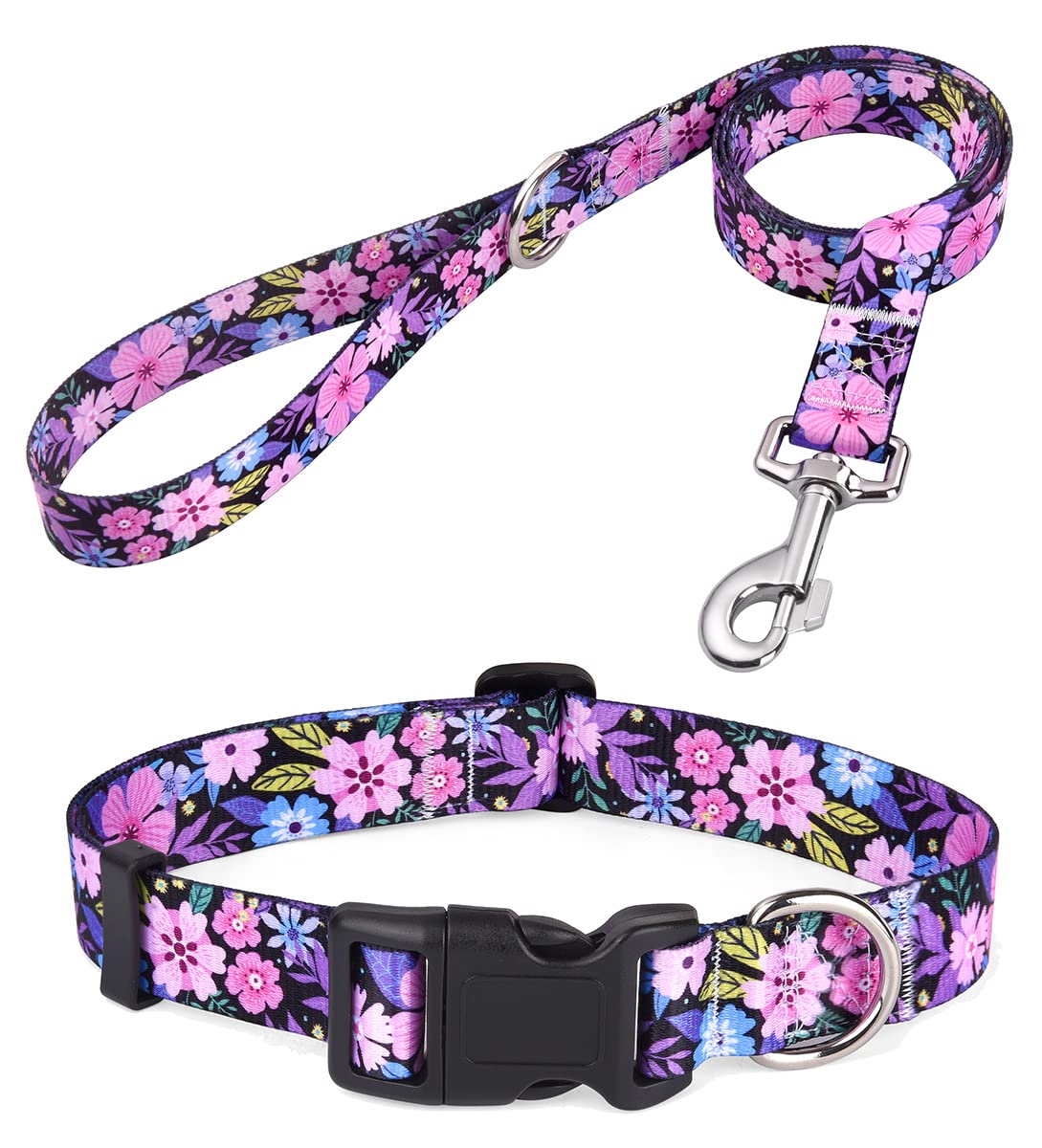 Mihqy Dog Collar And Leash Set With Bohemia Floral Tribal Geometric Patterns - Soft Ethnic Style Collar Adjustable For Small Medium Large Dogs(Pink Floral Set,M)