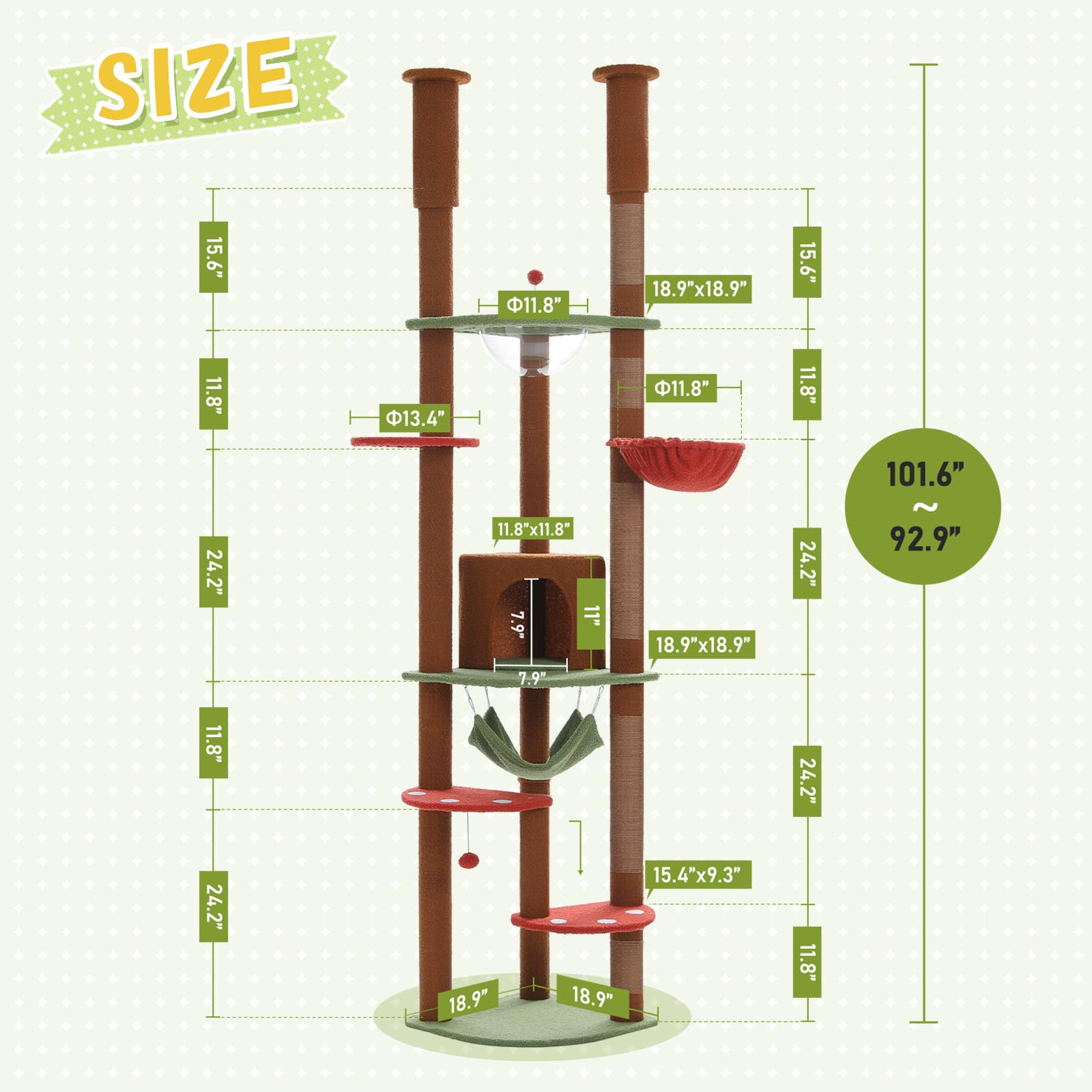 Pequlti Floor To Ceiling Cat Tree 92.9-101.6 Height Adjustable Mushroom Cat Tower Tall Climbing Play House With Scratching Posts