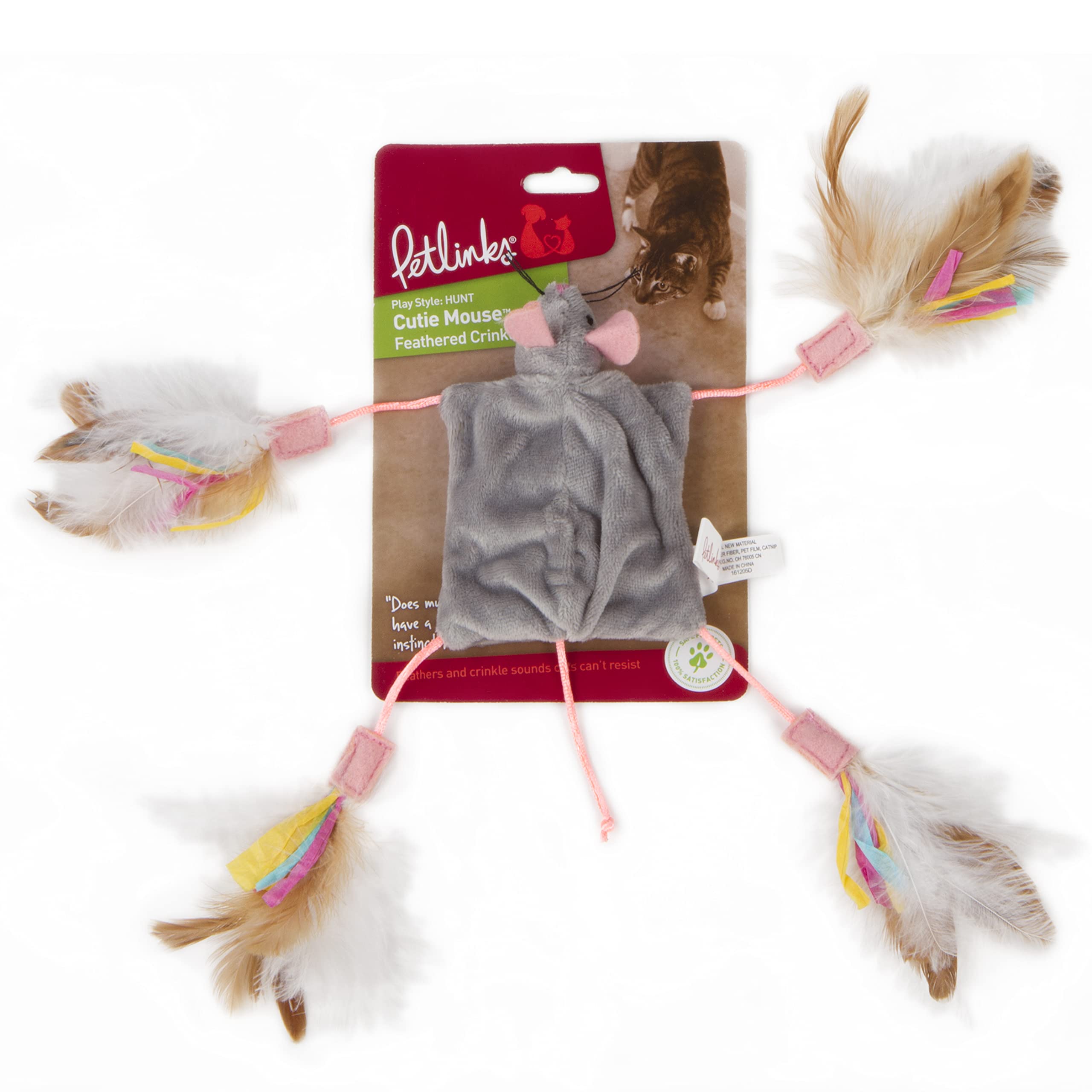 Petlinks Cutie Mouse Feathered Crinkle Cat Toy - Randomly Selected Color, One Size