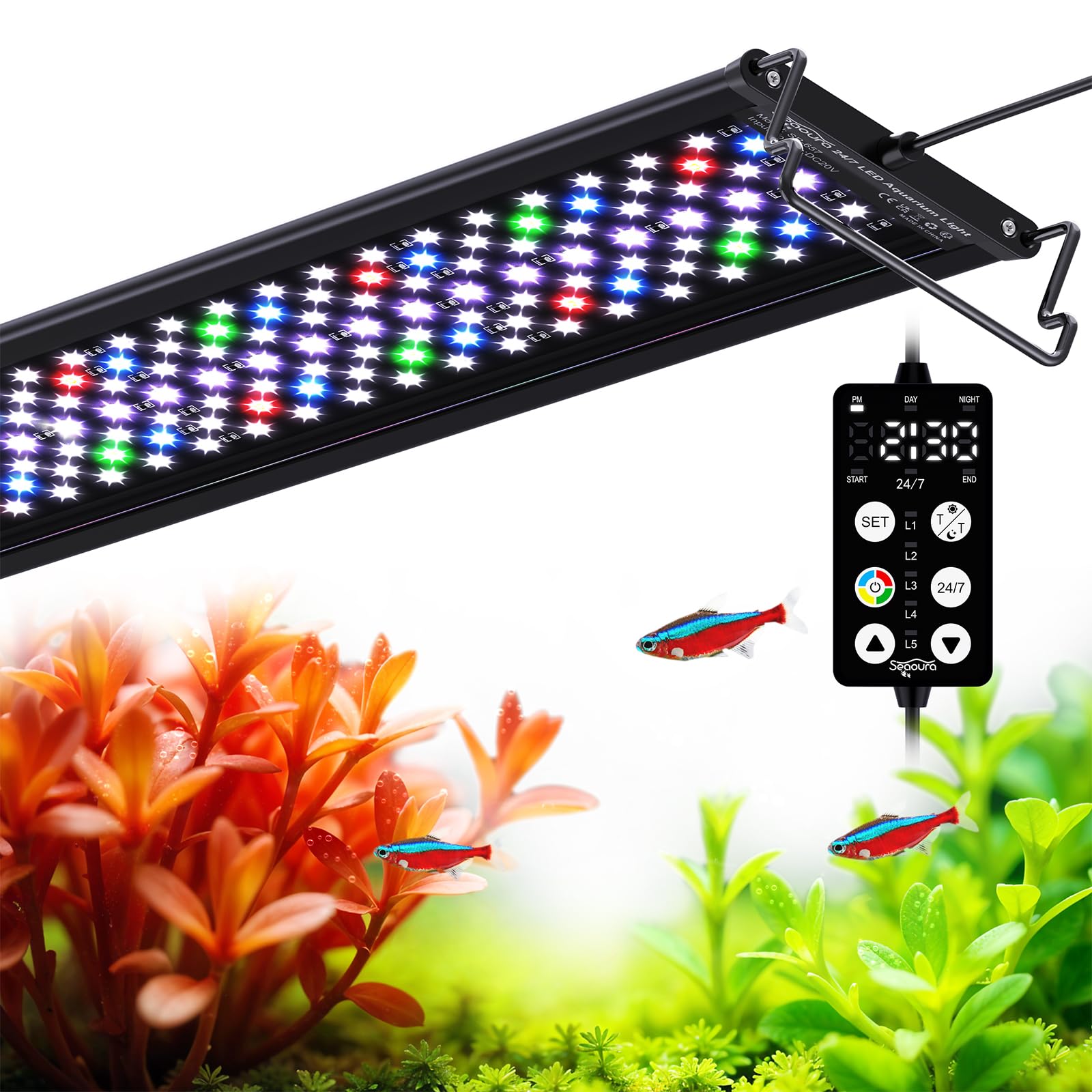 SEAOURA Full Spectrum Aquarium Light, 24/7 Custom Timer, Power-Off Memory, 36-42in 7-Row LED Fish Tank Lights, 8 Colors, 20 Brig
