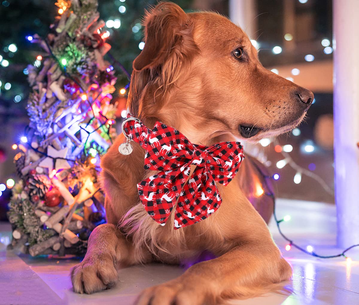 Dogwong Christmas Dog Collar With Sailor Bow, Red Plaid Deer Dog Collar Soft Durable Adjustable Cotton Puppy Collar For Small Me