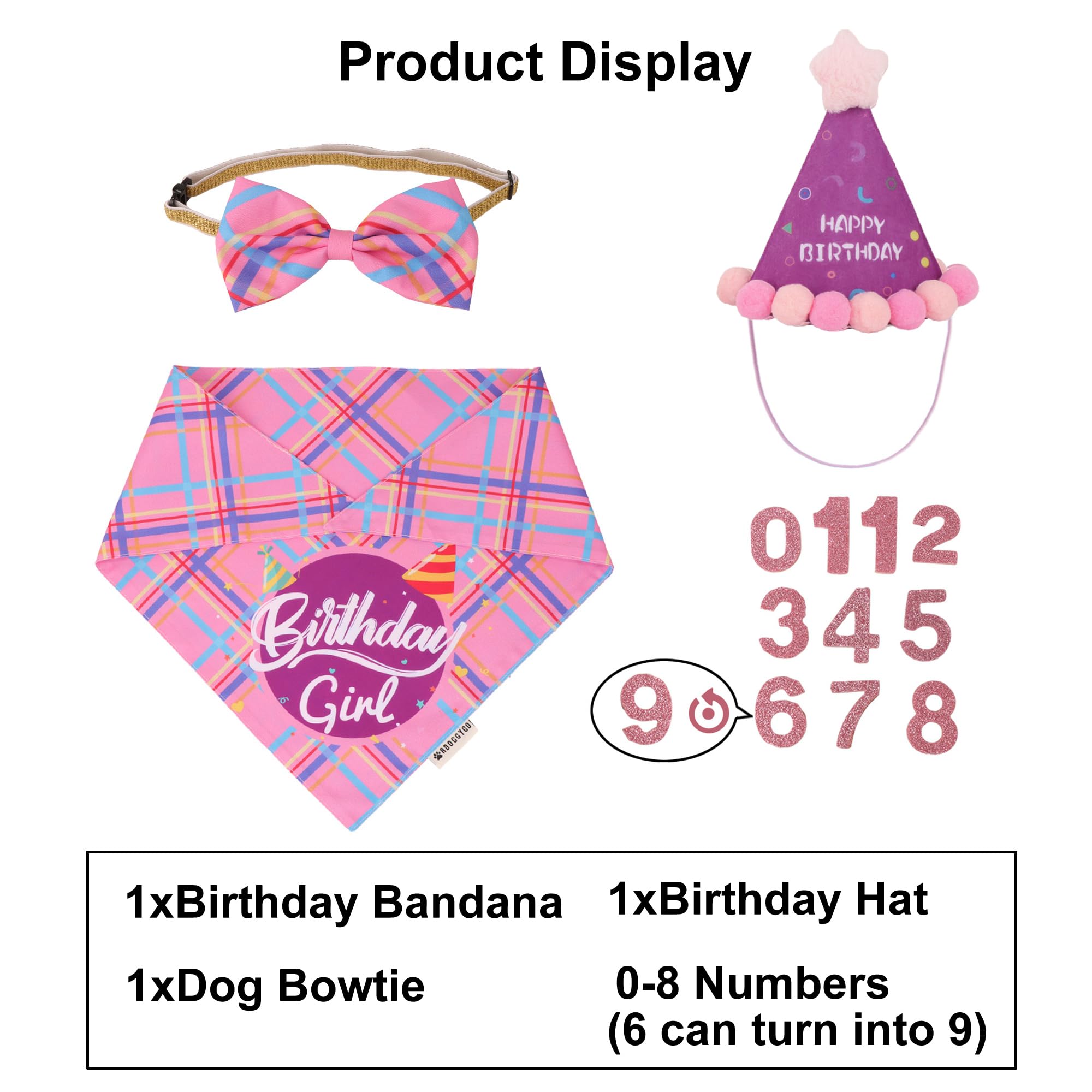 Adoggygo Dog Birthday Party Supplies, Pink Birthday Girl Pet Bandana Hat Bowtie Set For Large And Extra Large Dogs (X-Large)