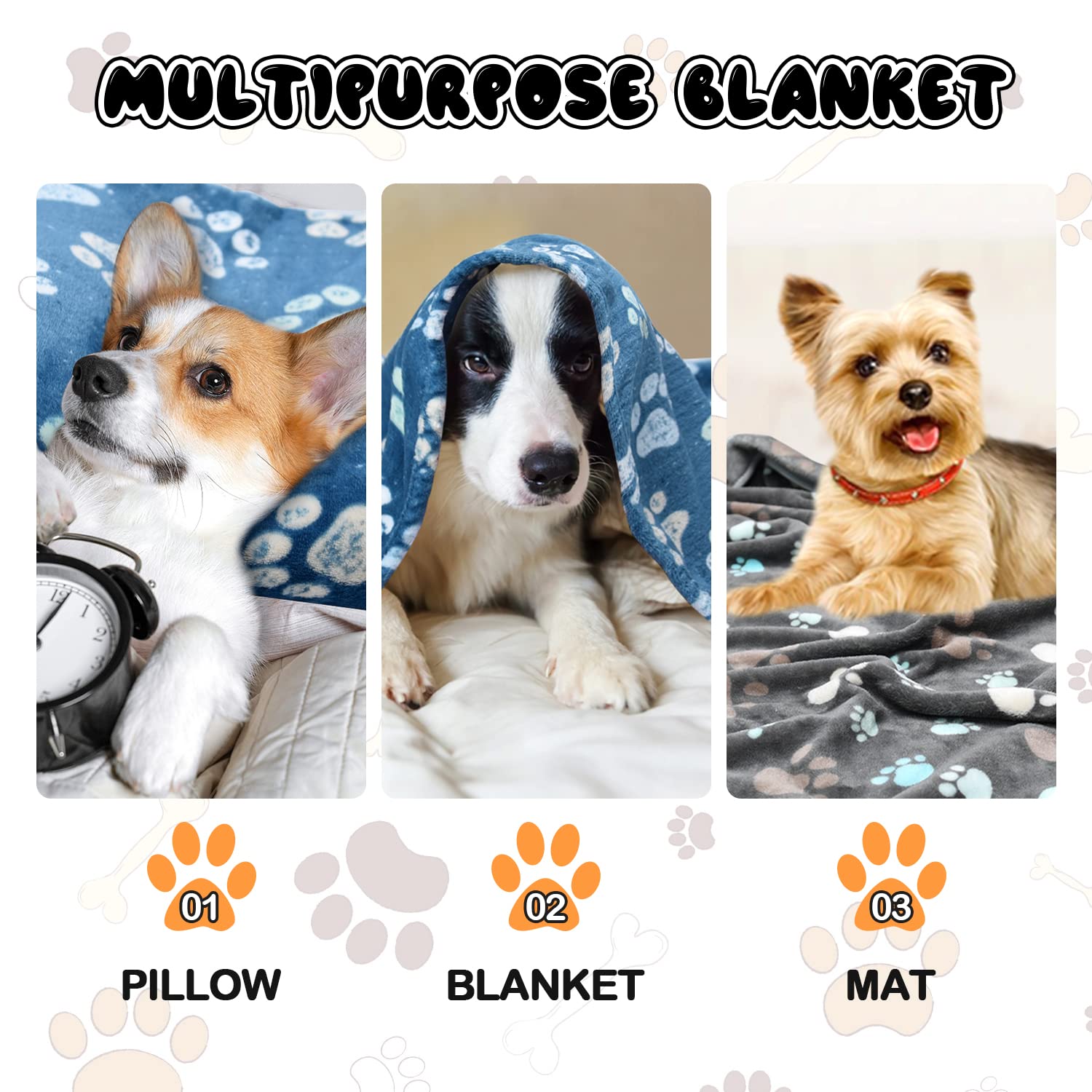 1 Pack 3 Blankets For Dogs, Dog Blankets For Large Dogs, Medium Dog Blanket Super Soft Fluffy Premium Fleece Pet Blanket Flannel Throw For Dog Puppy Cat Paw Blanket, Blue 2+Gray 1,20X30Inch