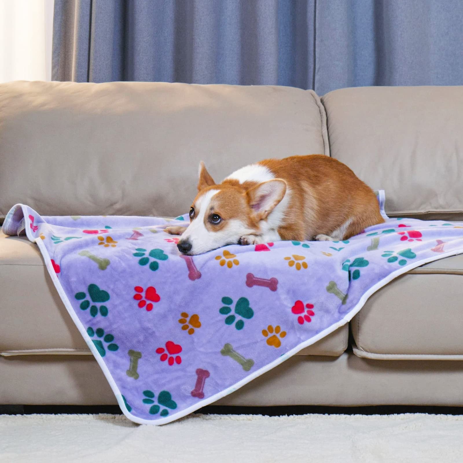 Luciphia 1 Pack 3 Blankets Fluffy Premium Fleece Pet Blanket Flannel Paw Bone Printed Throw For Dog Cat(Medium 30X20'', Purple/Pink/White)