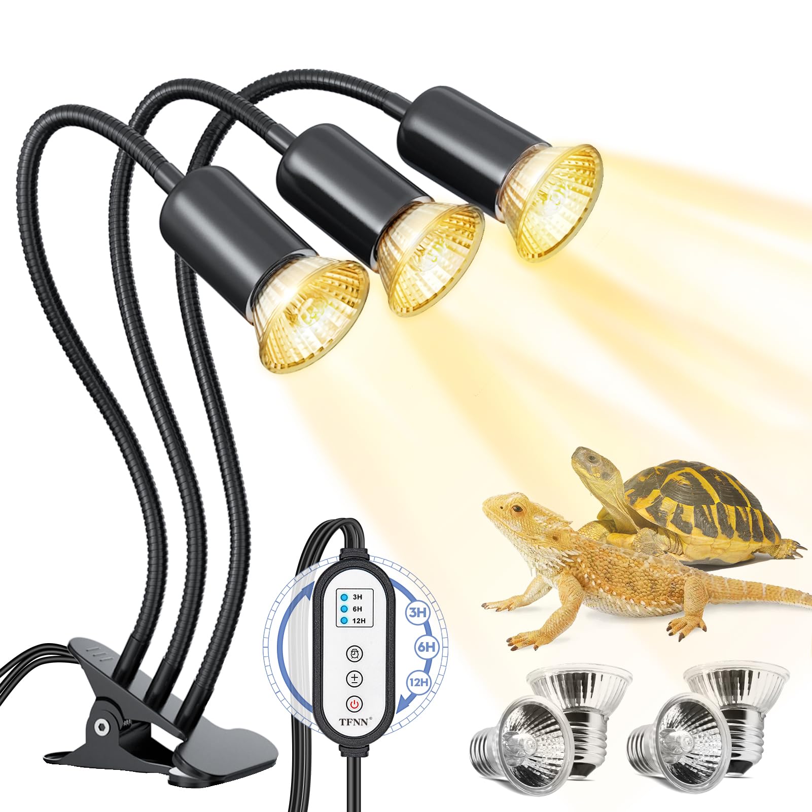 Tfnn Reptile Heat Lamp, Three Head Reptile Light With Cycle Timer,Uva Uvb Light, Dimmable Basking Lamp For Tortoise, Bearded Dra