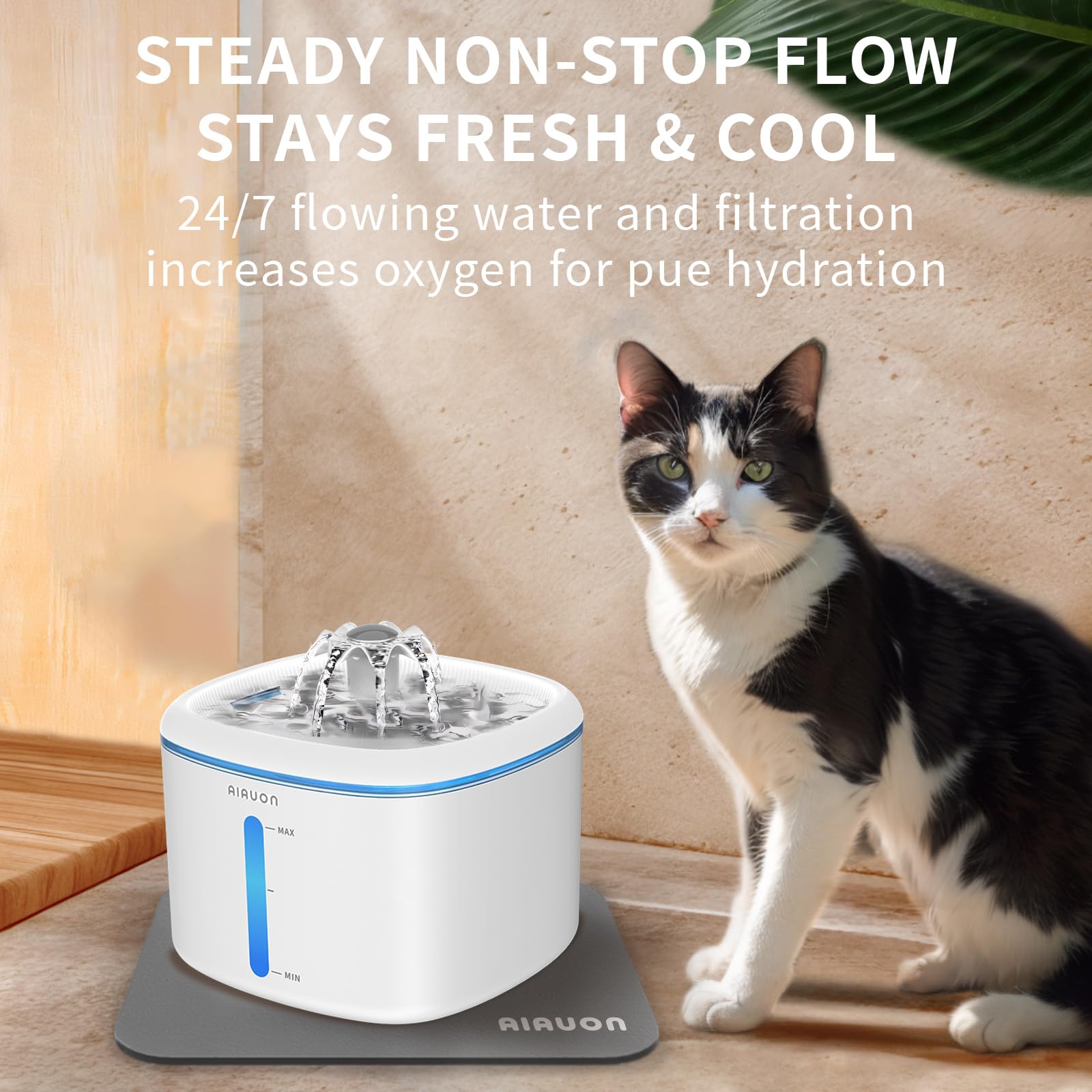 Aiauon Cat Water Fountain 84Oz/2.5L - Automatic Pet Fountain & Dog Water Dispenser With Replacement Filters & Feeding Mat For Ca