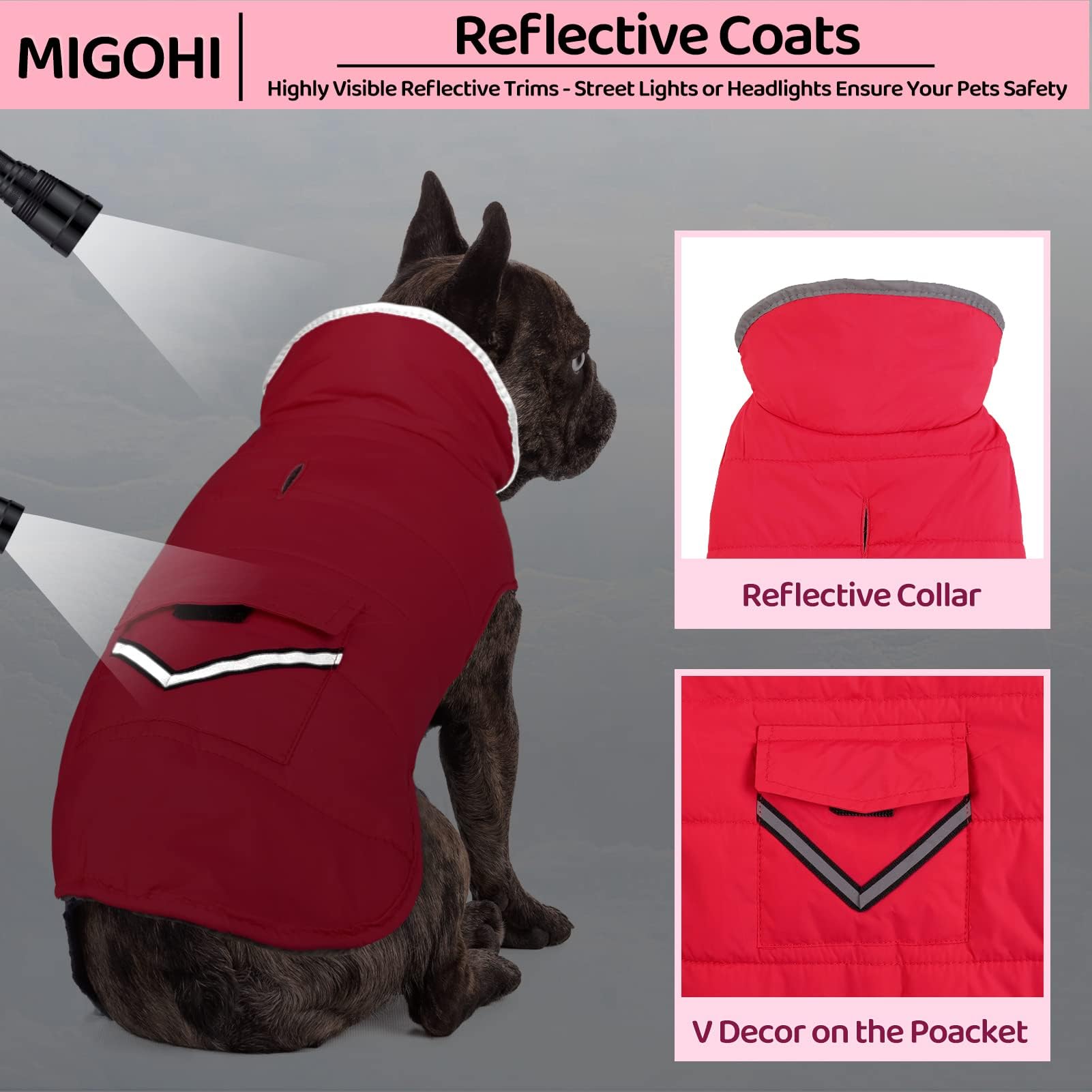MIGOHI Winter Dog Jacket, Windproof Dog Fleece Vest with Leash Hole and Furry Collar, Reflective, Red, Small to Large