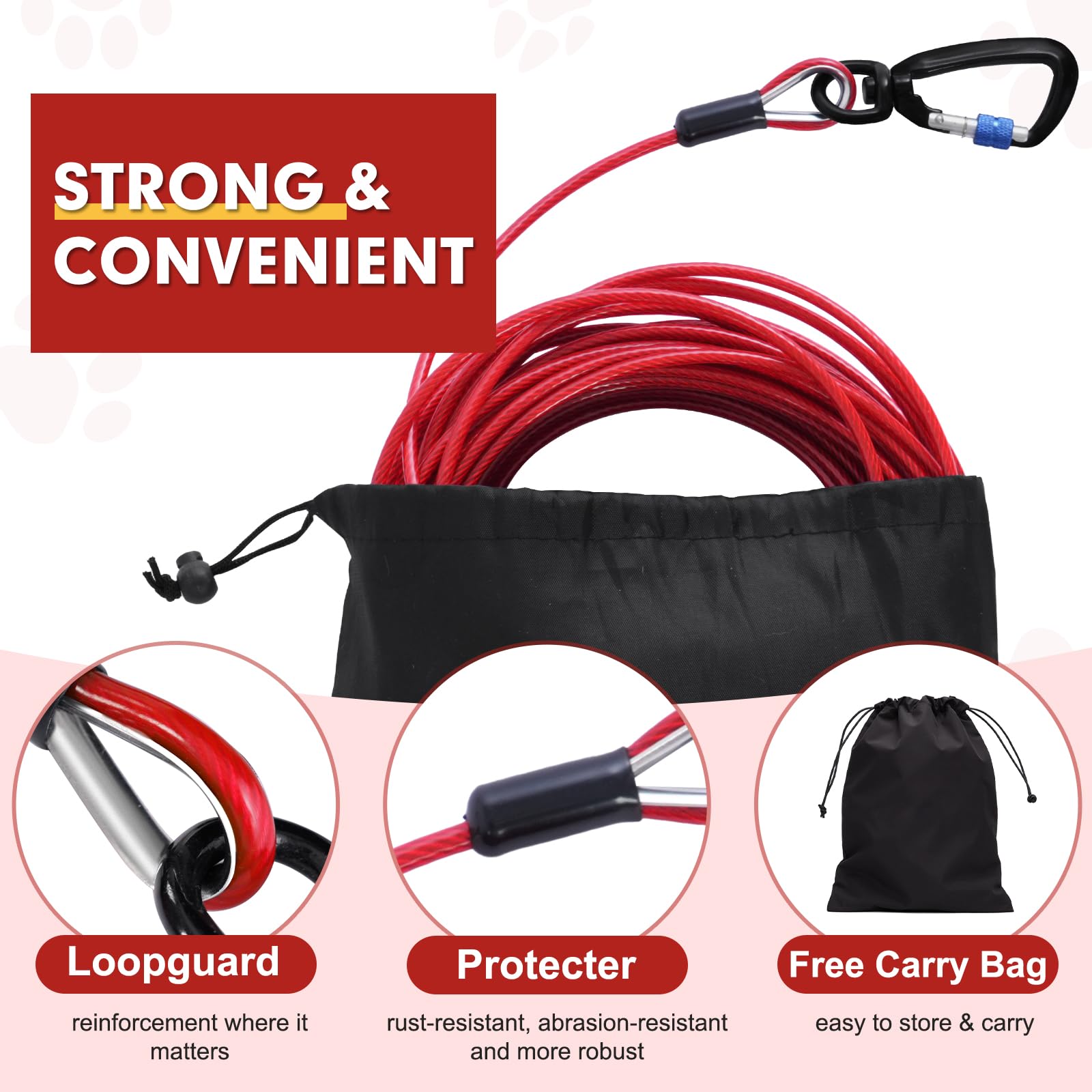 Snagle Paw Dog Tie Out Cable 15Ft,Heavy Duty Dog Leads For Yard With Shock Absorbing Spring & Swivel Hook,Leash Cable For Outdoo