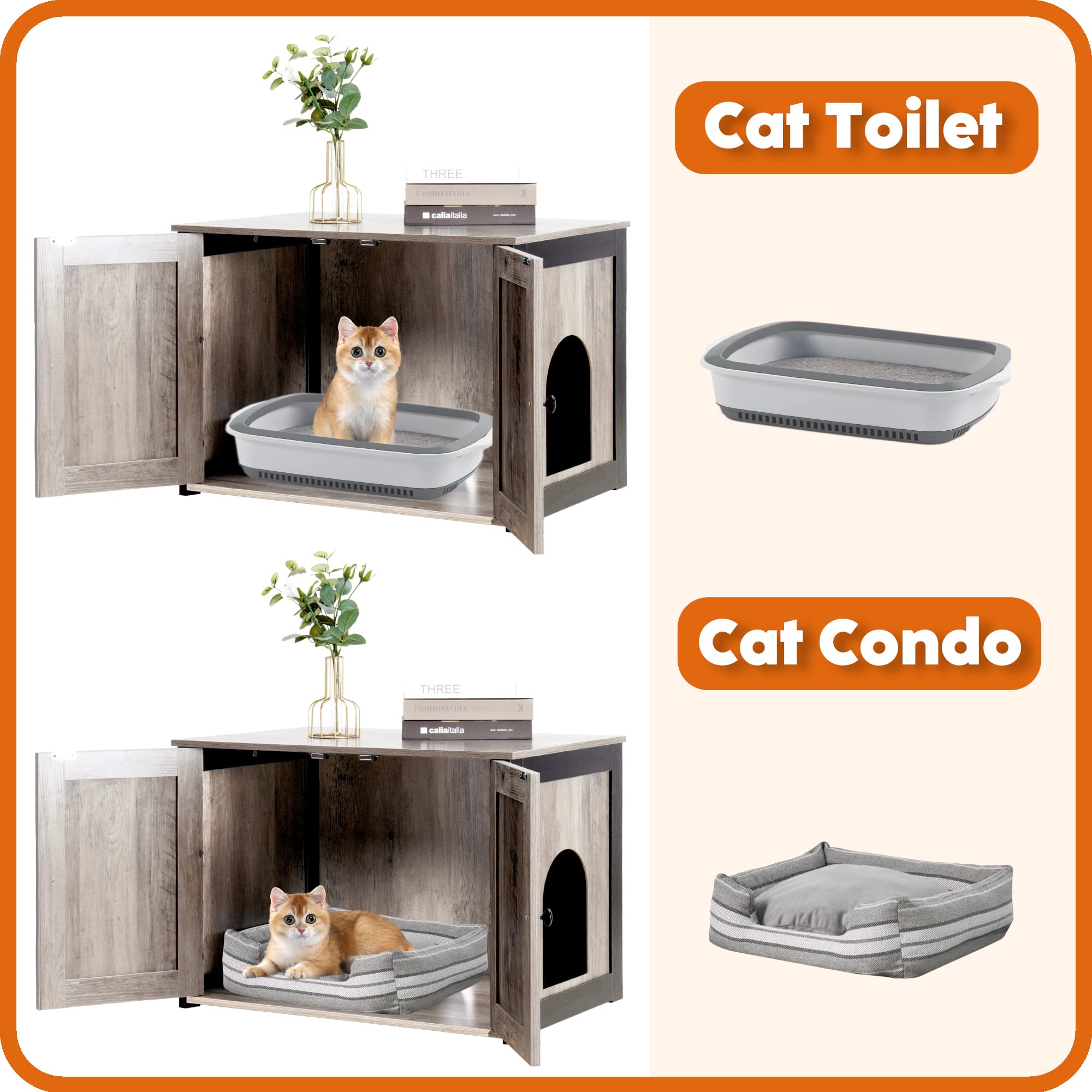 Dwanton Litter Box Enclosure, Cat Litter Box Furniture Hidden, Reversible Entrance Can Be On Left Or Right Side, Wooden Cat Washroom Indoor, Fit Most Of Litter Box, 27.6 X 19.7 X 19.7 Inches