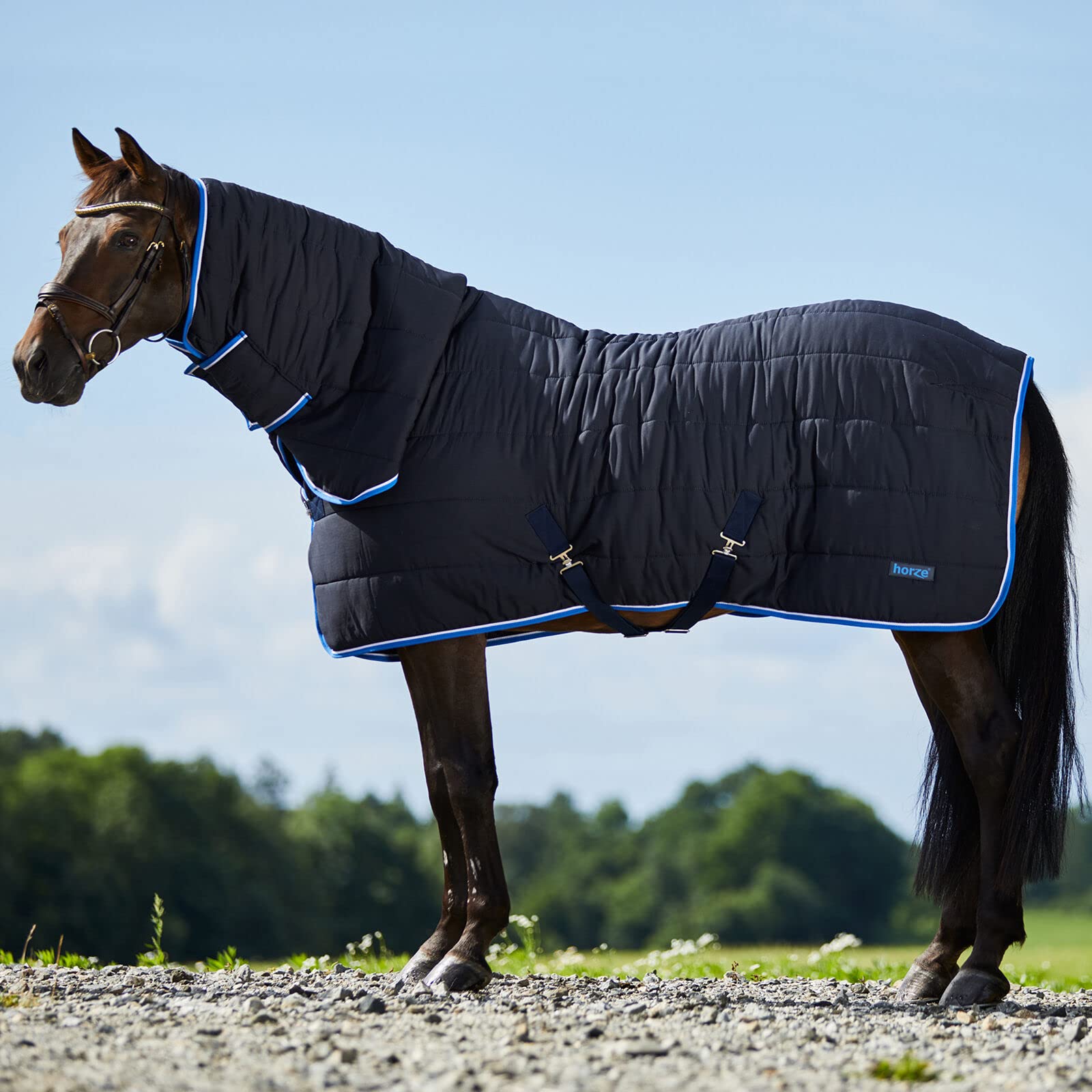 HORZE Glasgow Combo Anti-Slip Indoor Stable Horse Blanket with Attached Neck Cover (150g Fill) - Dark Blue - 72 in