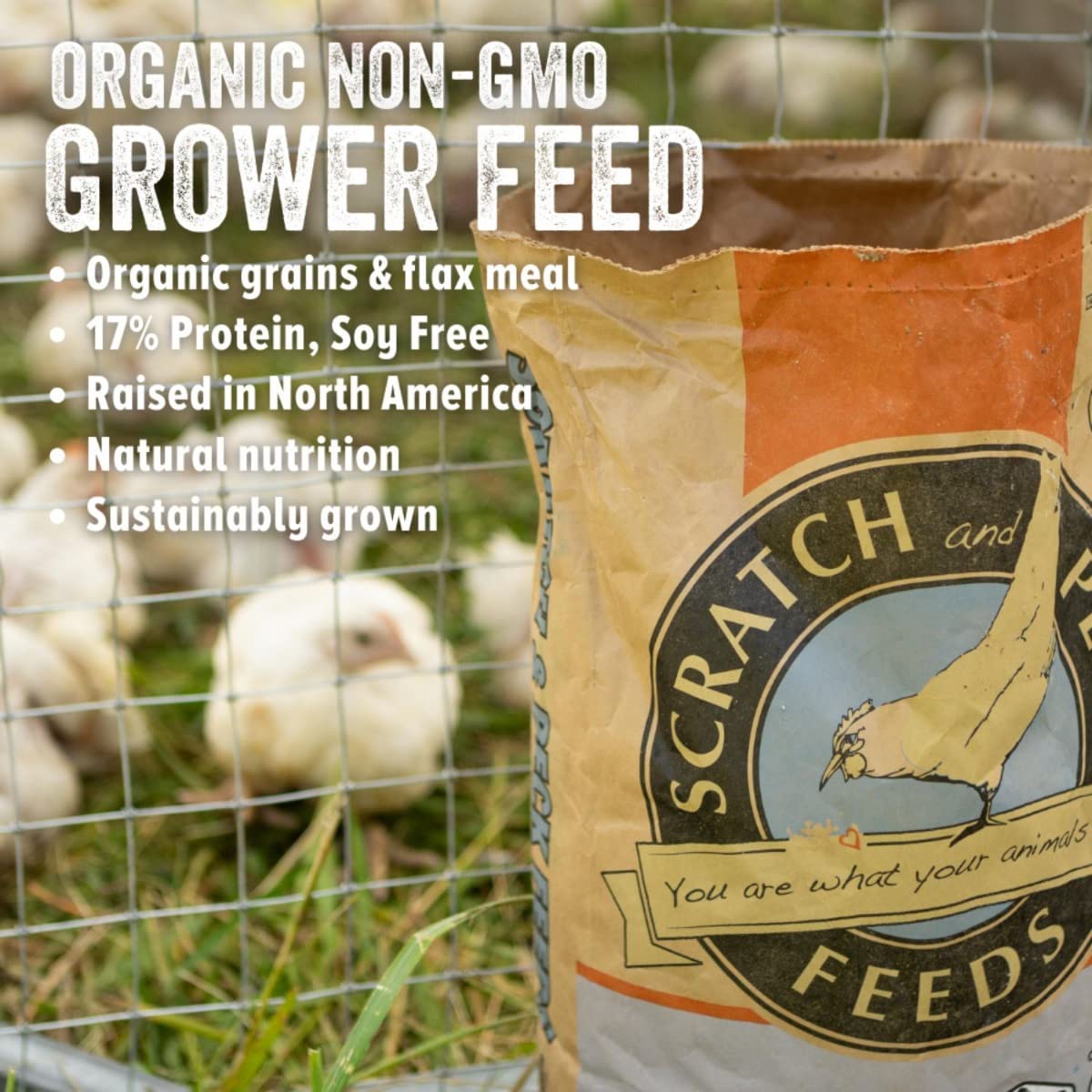 Scratch and Peck Feeds Whole Grain Grower Mash Chicken and Duck Feed - 40 lbs Bag - Corn-Free and Soy-Free - 17% Protein, Certif