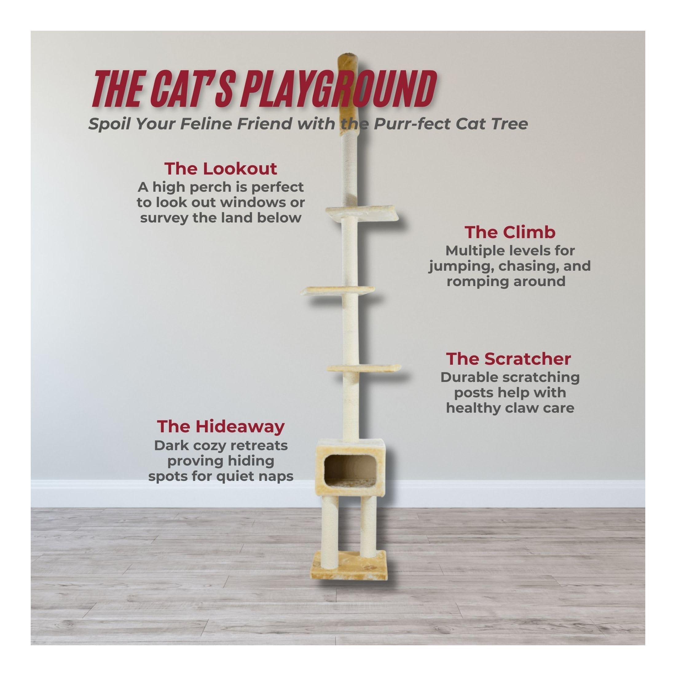 Trixie Santander Floor To Ceiling Cat Tower, Adjustable 96'-108' Height Sisal Cat Scratcher, Cat Condo, Platforms