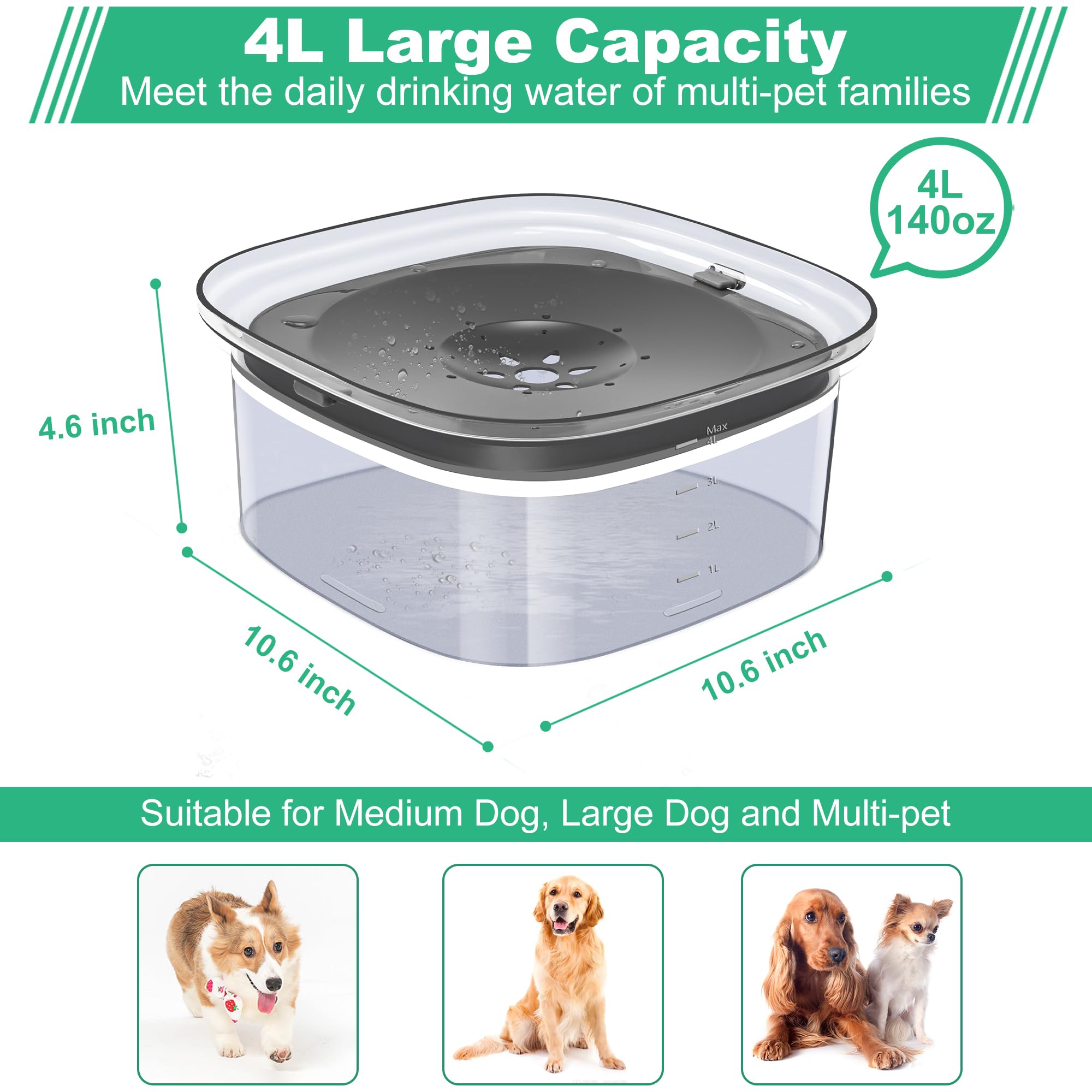 Decflow 4L Dog Water Bowl, Super Large Capacity Dog Bowl With Carbon Filter, Anti-Choking No Spill Water Bowl With Slow Water Fe