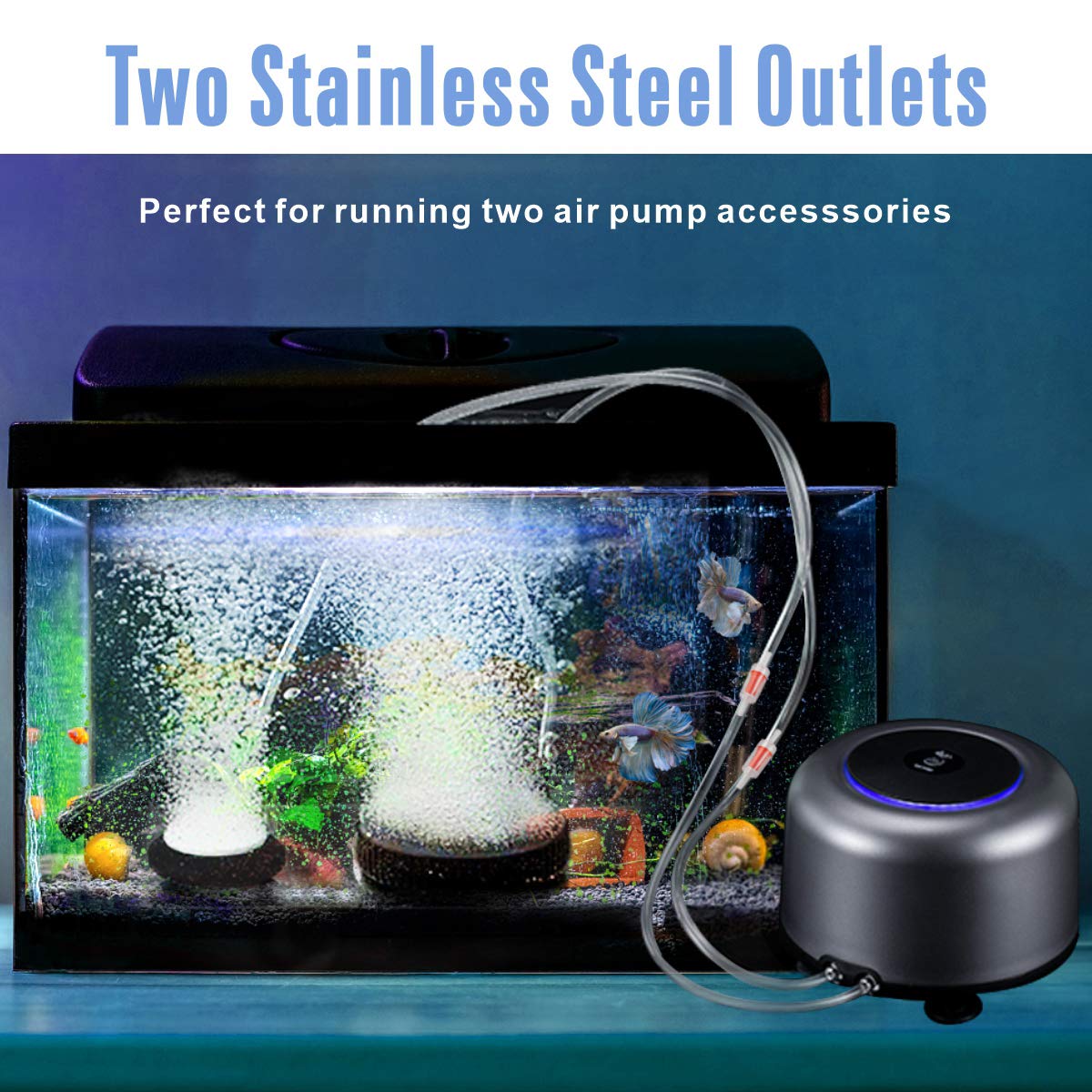 Aqqa Aquarium Air Pump,5W 10W Powerful 2 Outlets,Fashion Ultra-Quiet Energy-Saving Oxygen Pump Adjustable 4 Airflow Rate Grades,Freshwater And Marine Fish Tank 5W (Up To 300 Gallon)