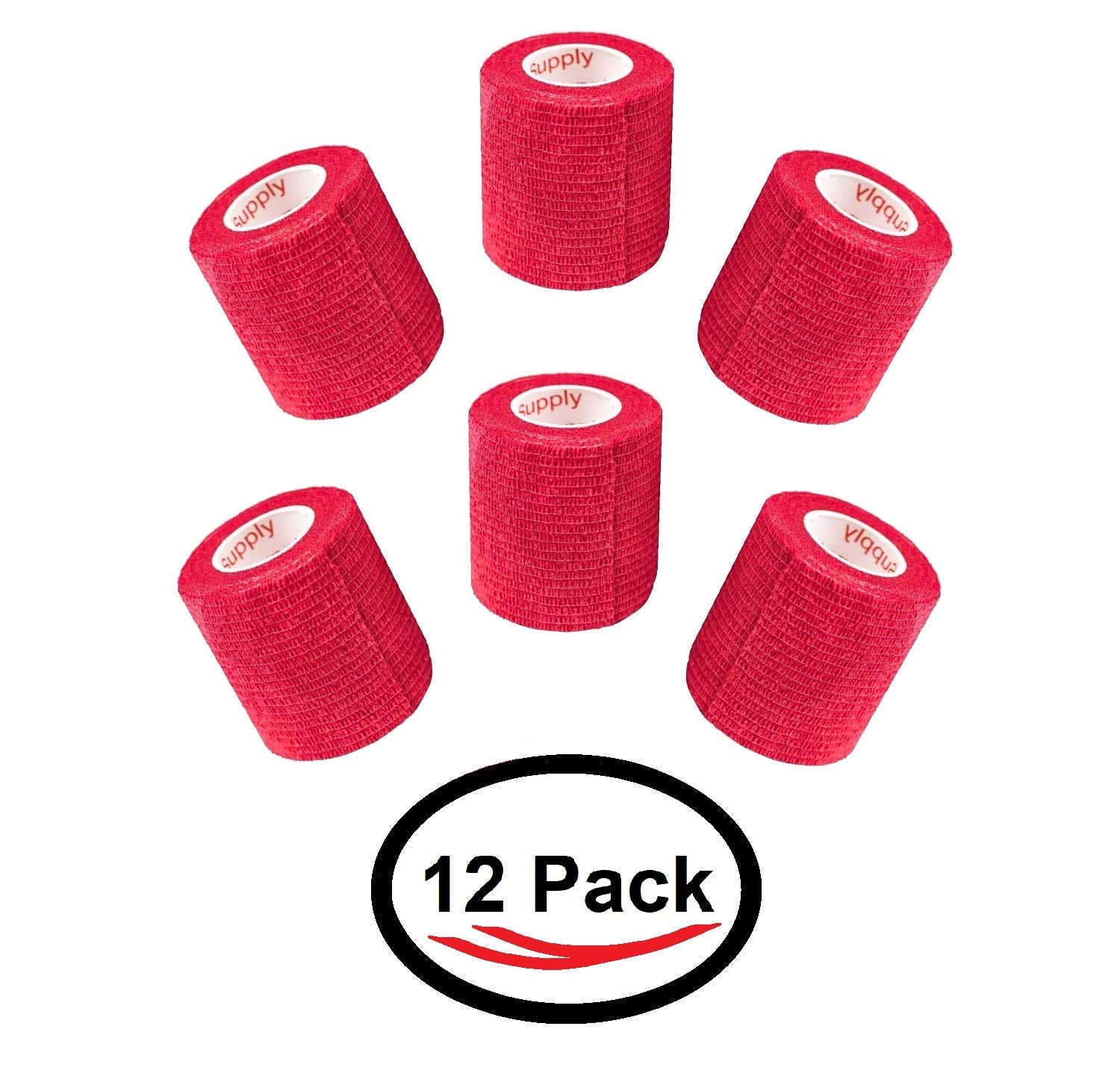 2 Inch Vet Wrap Tape Bulk (Red) (Pack of 12) Self Adhesive Adherent Adhering Flex Bandage Grip Roll for Dog Cat Pet Horse