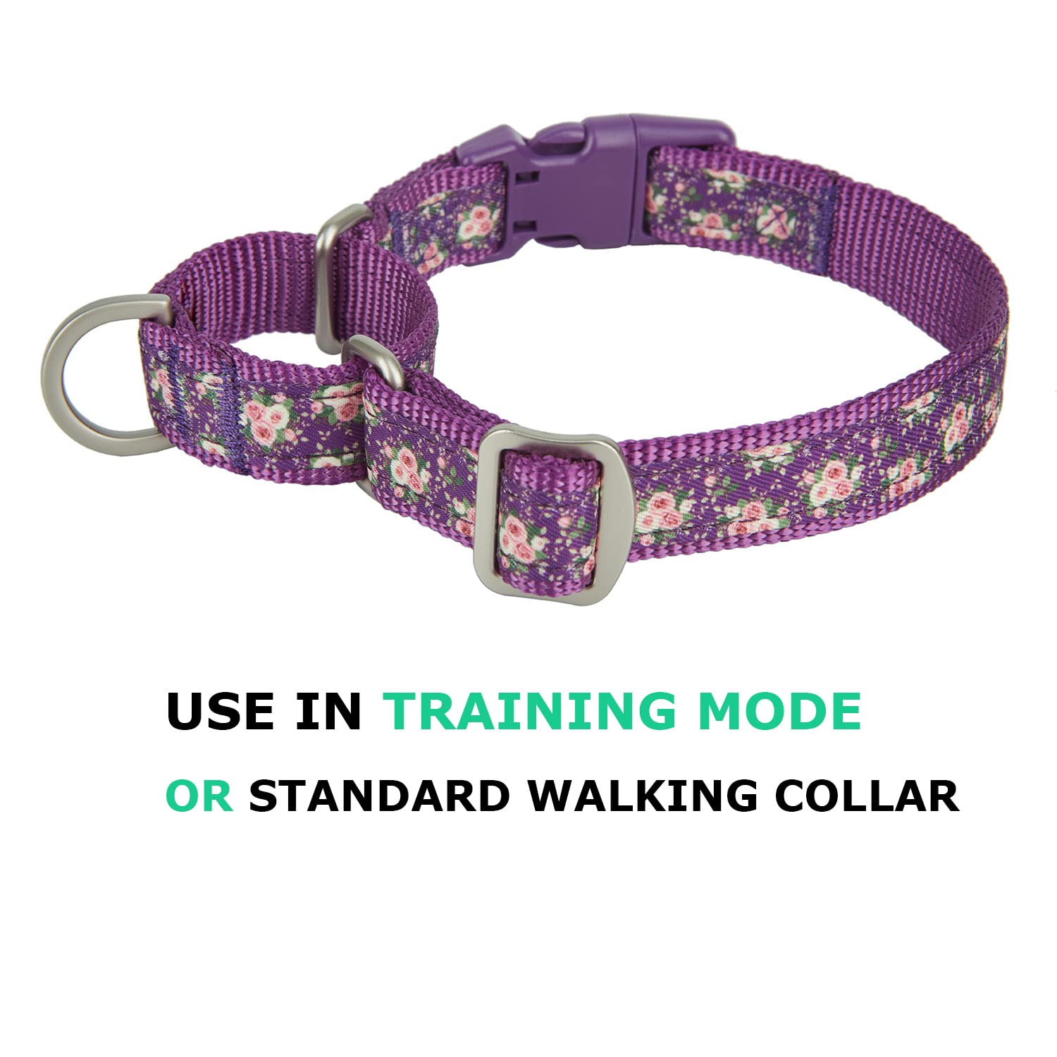 YUDOTE Martingale Dog Collar - Floral Nylon, No Pull, Medium (15"-19"), Purple