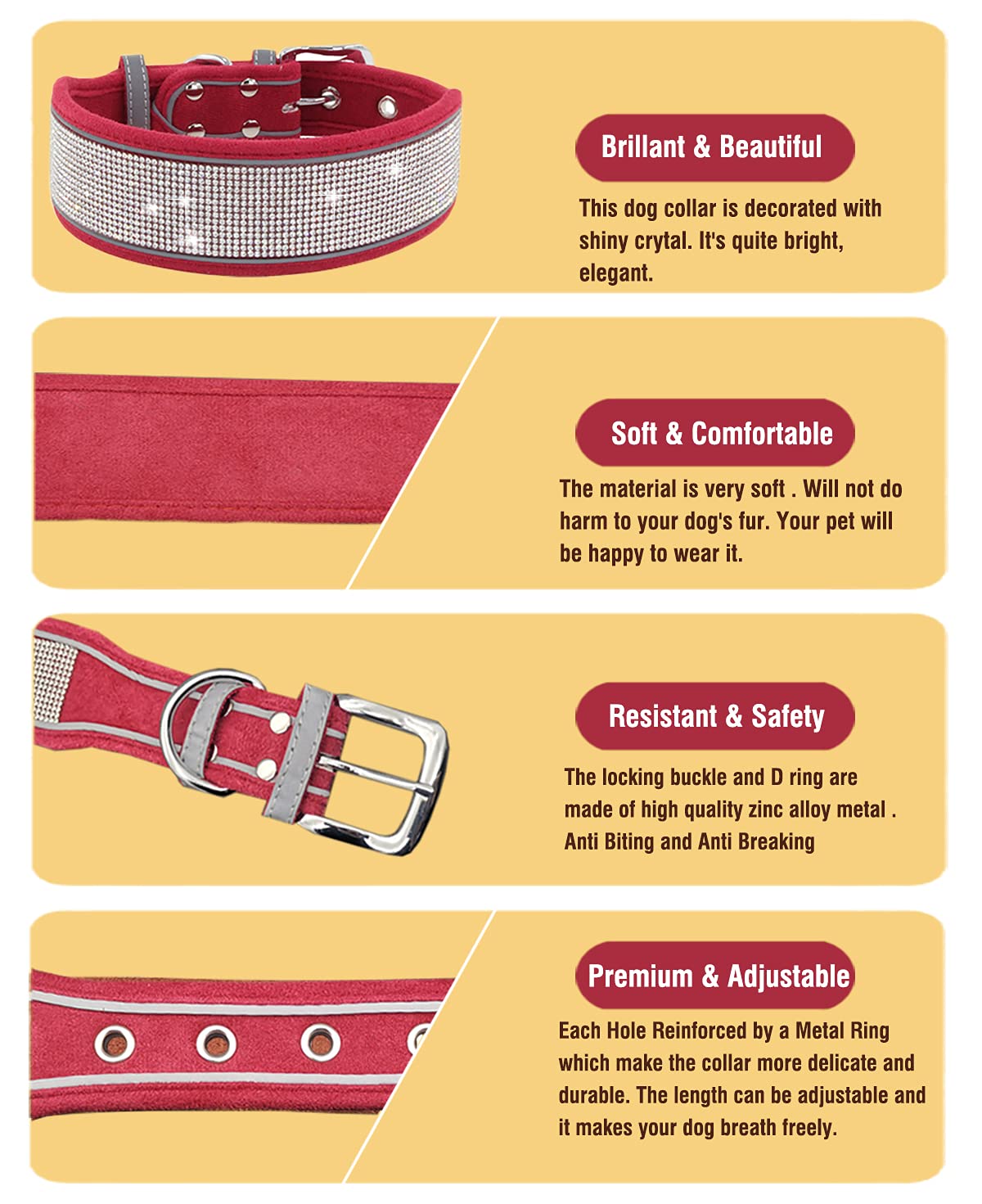 Idolpet Bling Rhinestone Dog Collar Soft Comfortable Stylish Dog Collar With Bright Reflective Stripe Premium Adjustable Diamond Crystal Pet Collar For Medium And Large Dogs (L, Red)