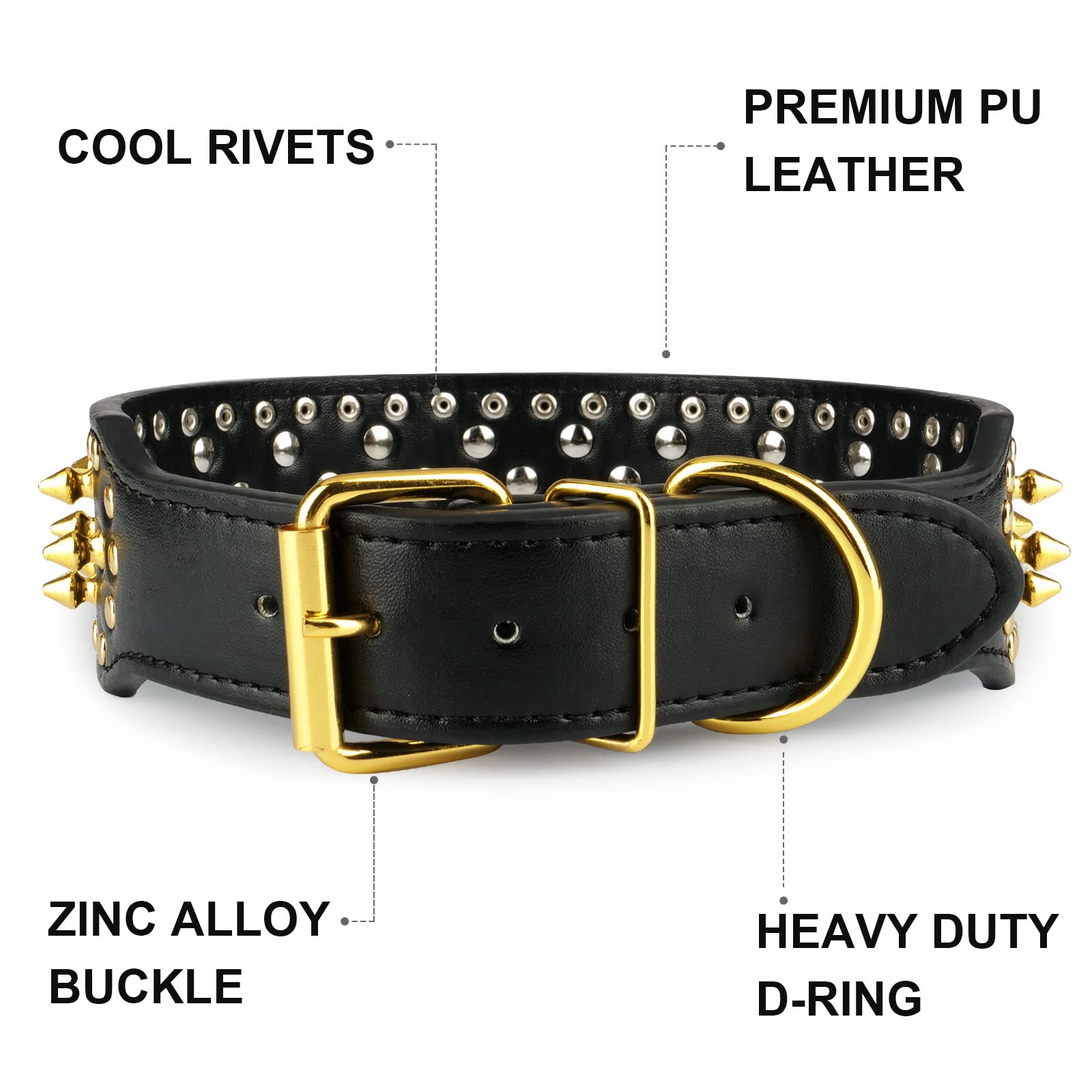 Wide Gold Spiked Dog Collar, Epesiri Dog Chain Collars, Mushroom Rivet PU Leather Dog Collars, Adjustable Durable Spike Studded