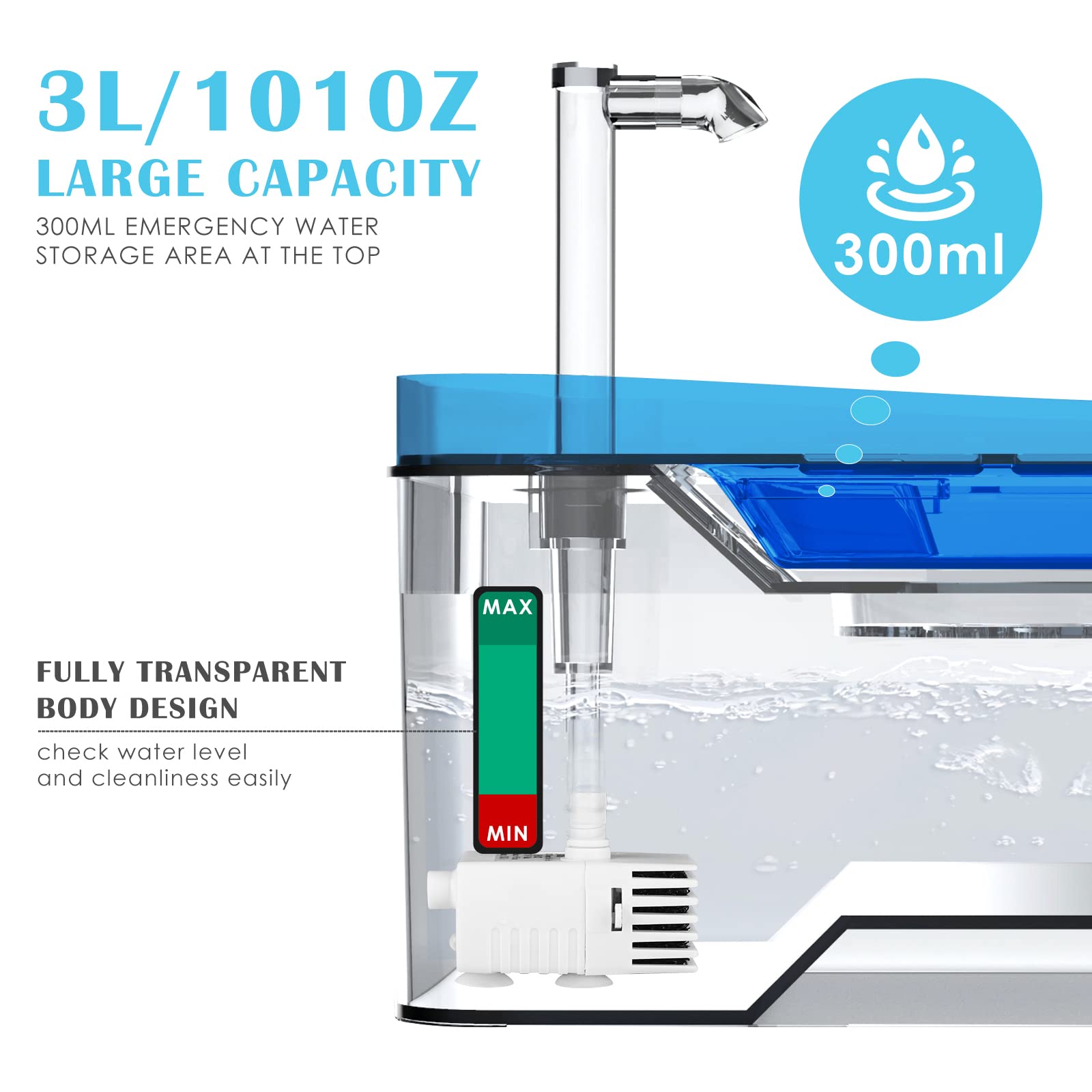 Cat Water Fountain, Pet Water Fountain 101Oz/3L Dog Cat Water Dispenser, Smart Pump With Led Light,Ultra Quiet Automatic Cat Dri