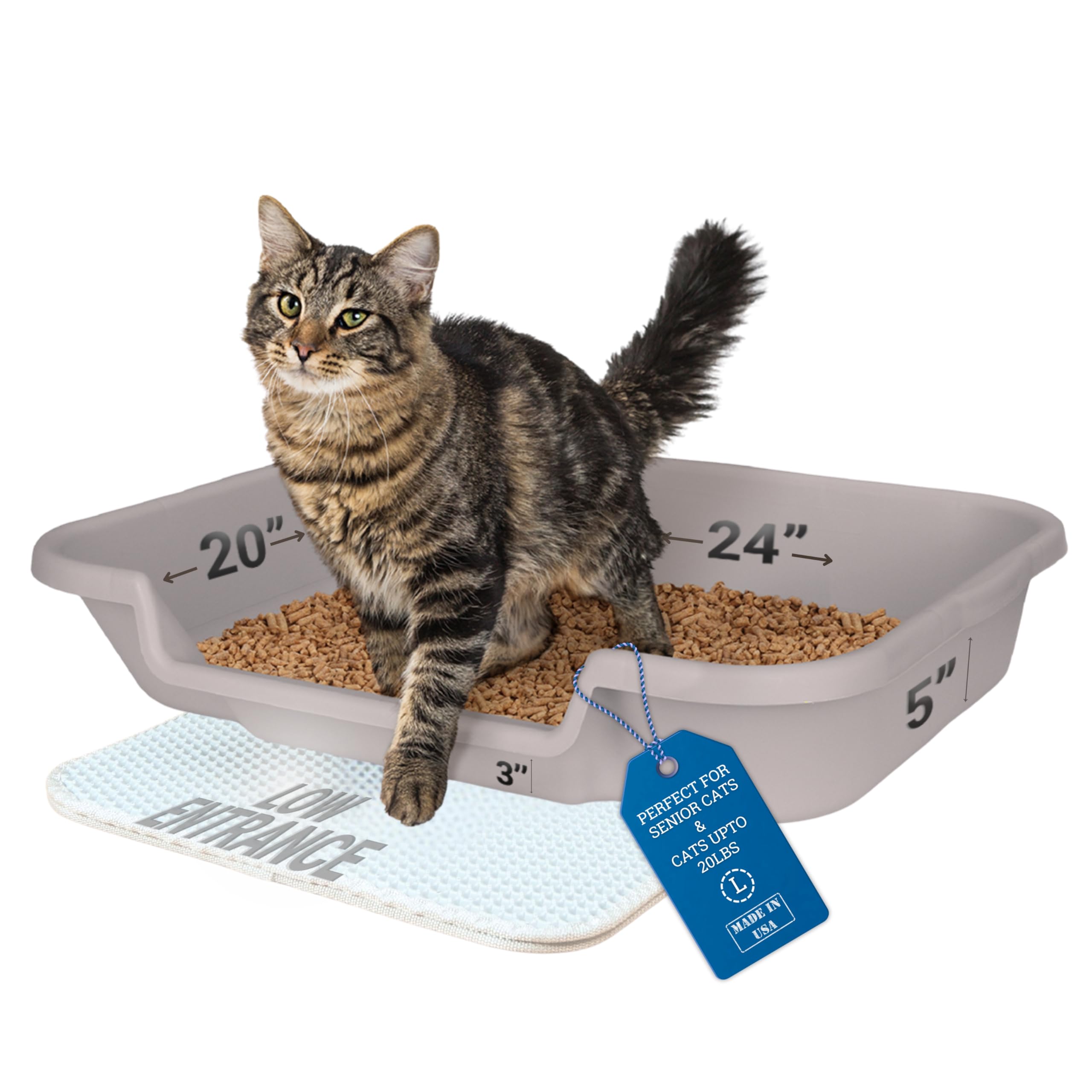 Kittygohere Senior Cat Litter Box 1 Pack, Large Misty Gray Low Entrance Kitty Litter Box, Sized For Cats Comfort, Perfect For Senior And Arthritic Cats, Made In Usa