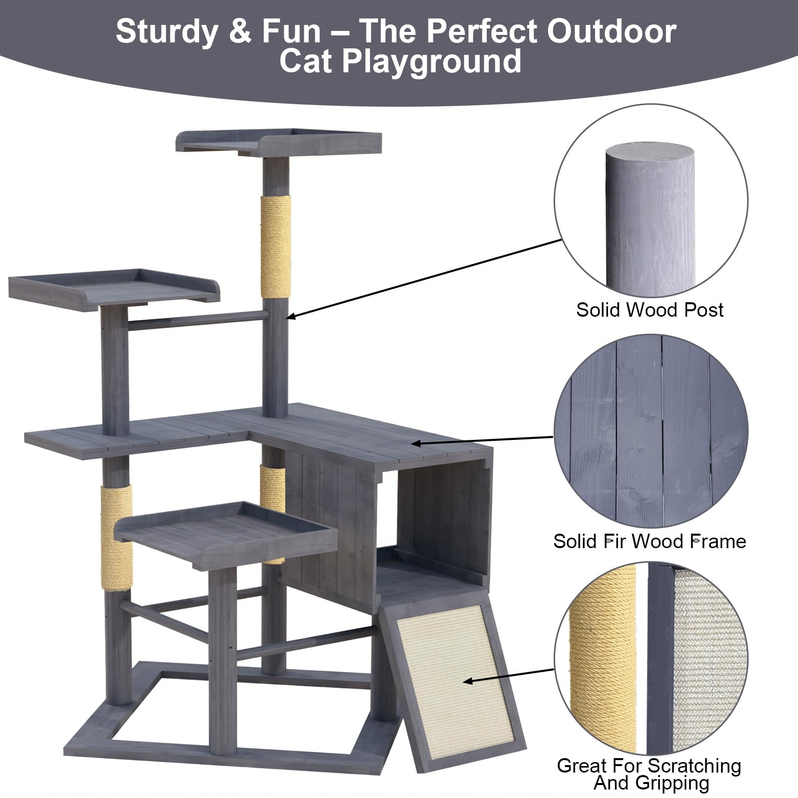 GDLF Outdoor Cat Tree, 67 Weatherproof Wood Cat Tree Tower for Large Cats with Condo and Scratching Posts, Perches