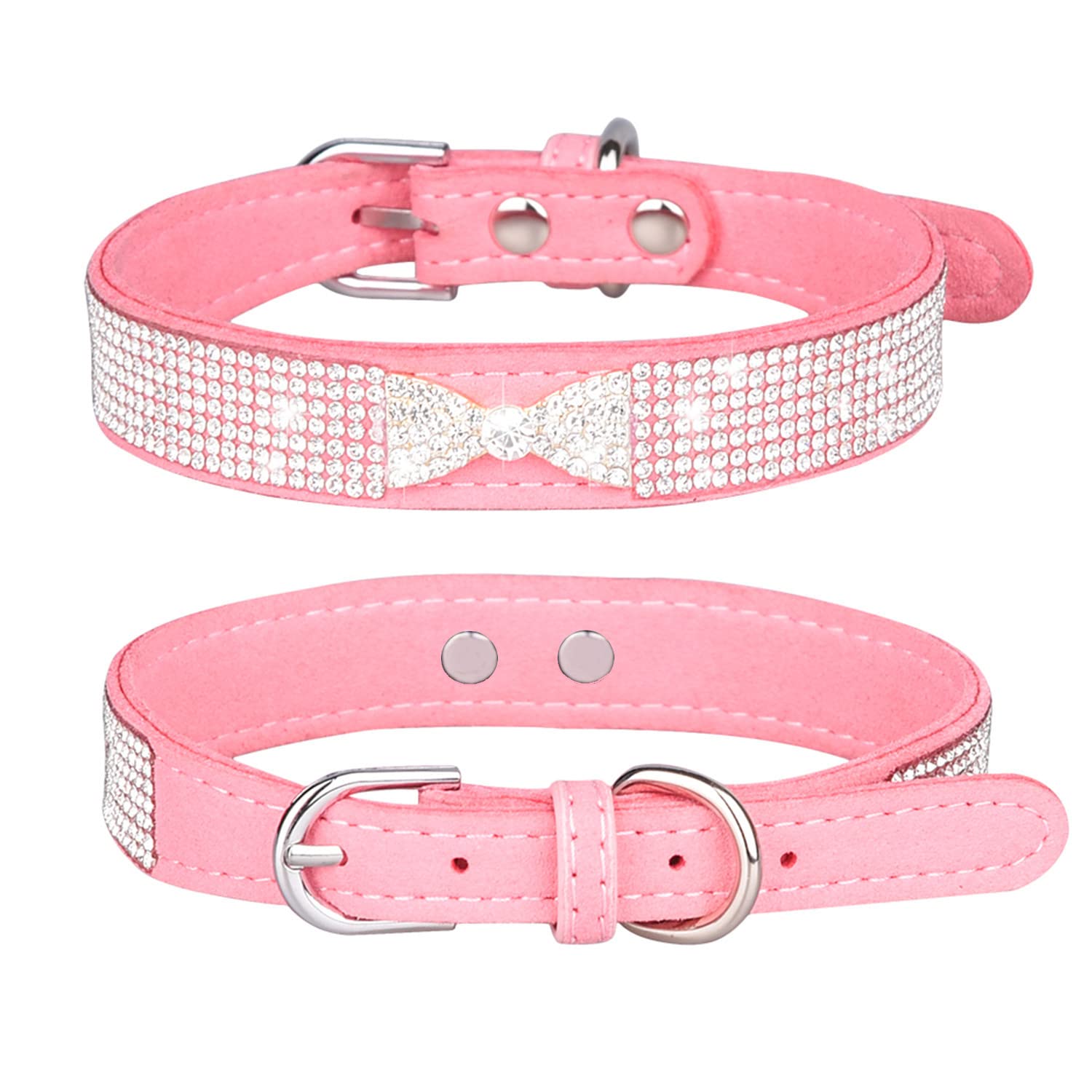 Thain Rhinestones Bling Dog Cat Collars Diamond With Rhinestone Bowtie Decoration For Small Medium Large Dogs (Xs, Pink)