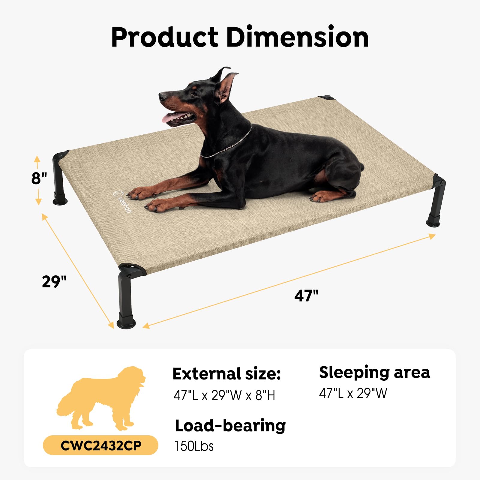Veehoo Heavy Duty Elevated Dog Bed - Raised Dog Cot With Washable & Breathable Teslin Mesh, Non-Slip Silicon Feet, Cooling For I