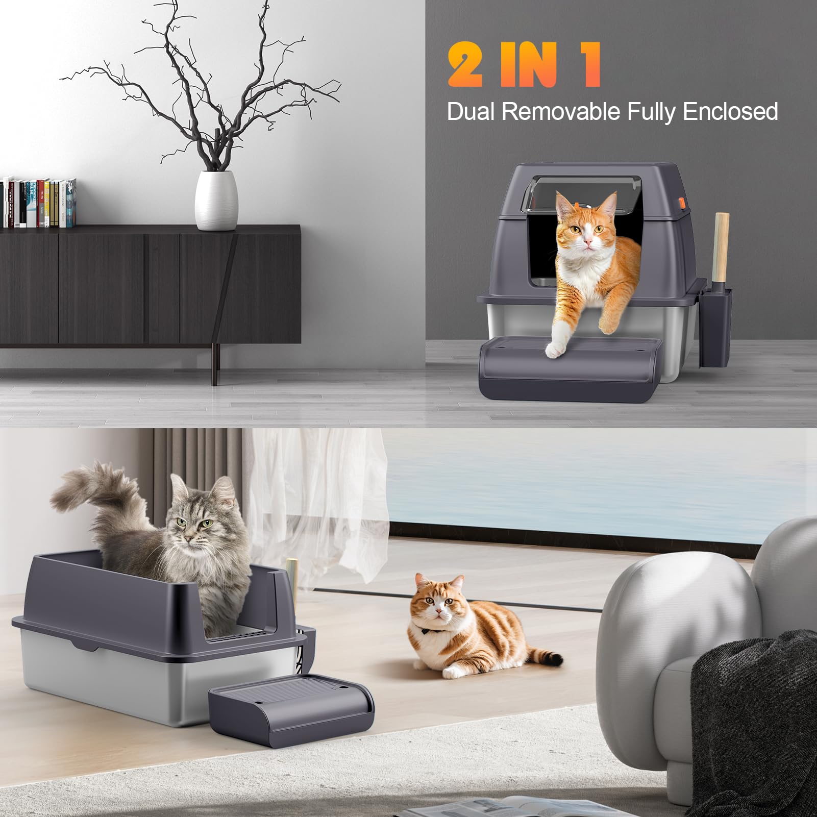 Stainless Steel Cat Litter Box With Lid & Cover, 23.7' No Smell Extra Large Metal Covered Cat Litter Box For Big Cats, Enclosed