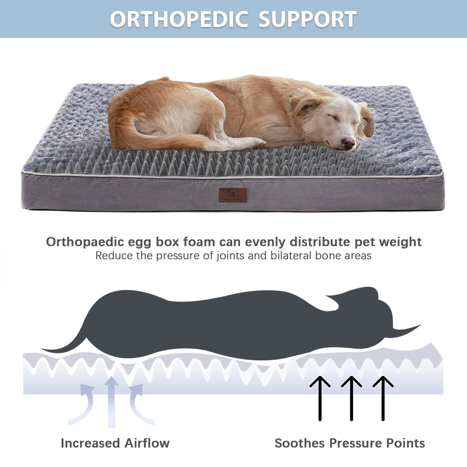 Wnpethome Orthopedic Large Dog Bed, Dogs Bed For Large Dogs With Egg Foam Crate Pet Bed With Soft Rose Plush Waterproof Dog Bed Cover Washable Removable(Dog Bed Large 36 X 27 X 3 Inch Grey)