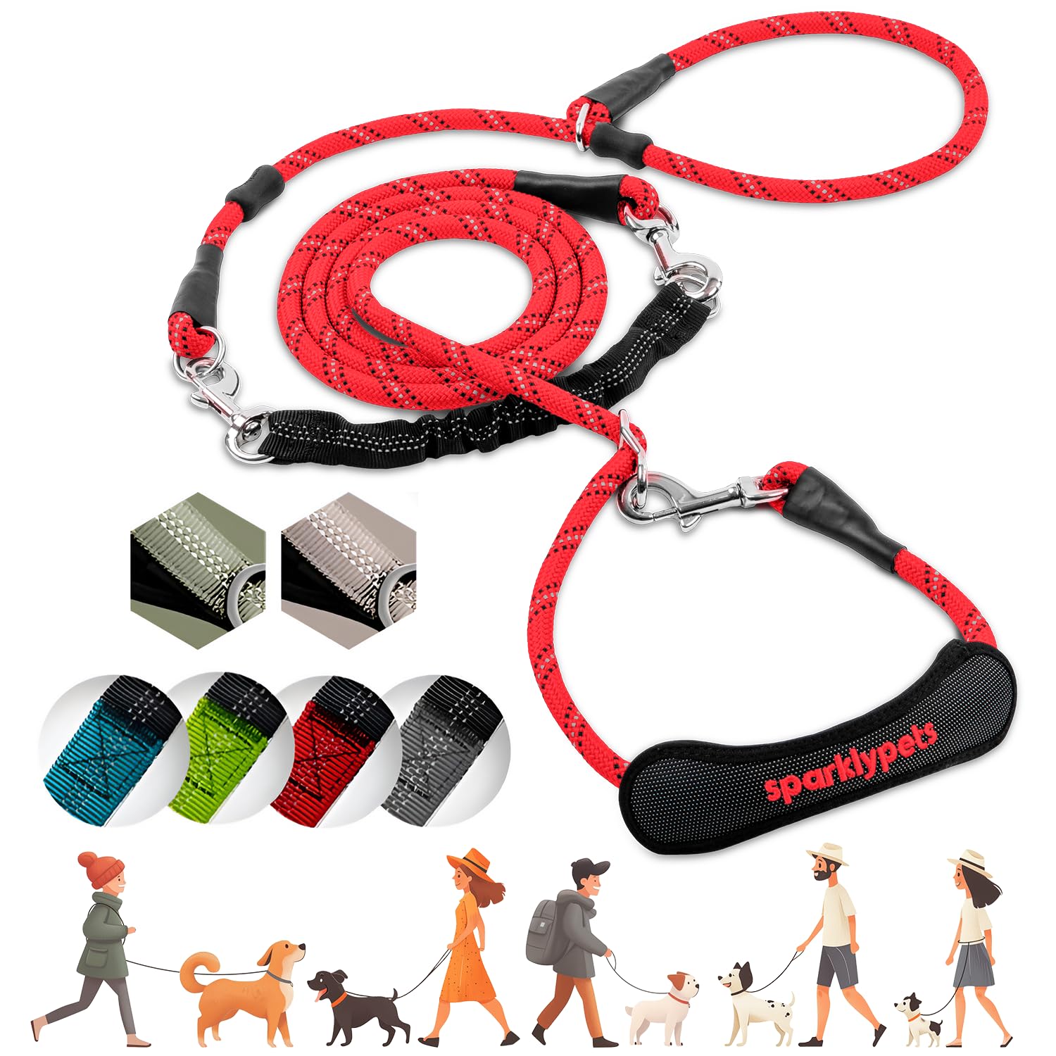 Sparklypets Multifunctional Bungee Hands Free Leash With Detachable Slip Lead - Crossbody & Waist Leash For Dog Walking, Medium 