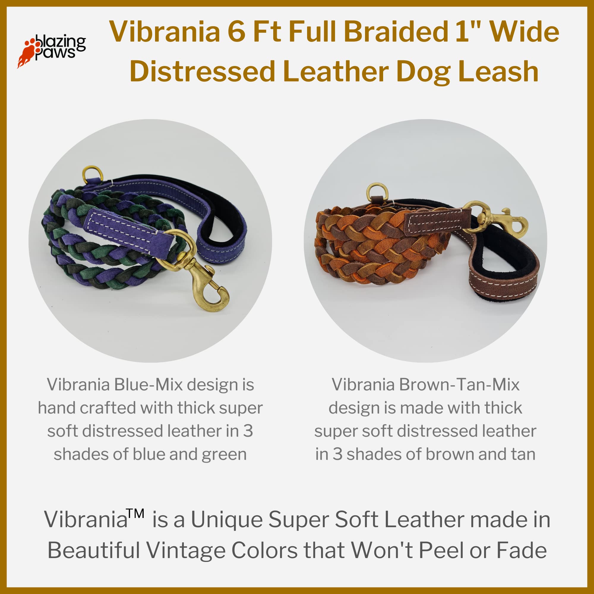 Blazing Paws Vibrania 6 Ft Heavy Duty 1 Inch Wide Super Soft Thick Distressed Premium Leather Dog Leash With Side Ring, Full Bra