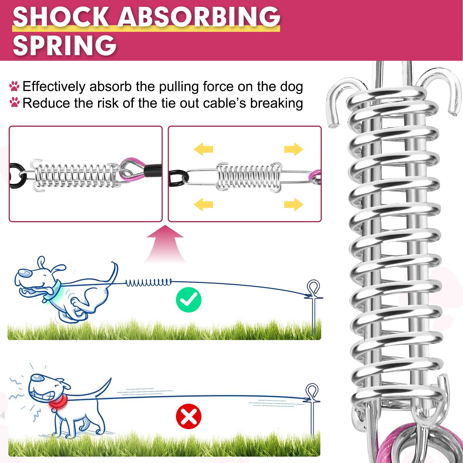 Snagle Paw Heavy Duty Long Leads For Yard 200Ft-1000Lbs Break Strength, Tie Out Cable With Swivel Lockable Hook & Spring, Chew P