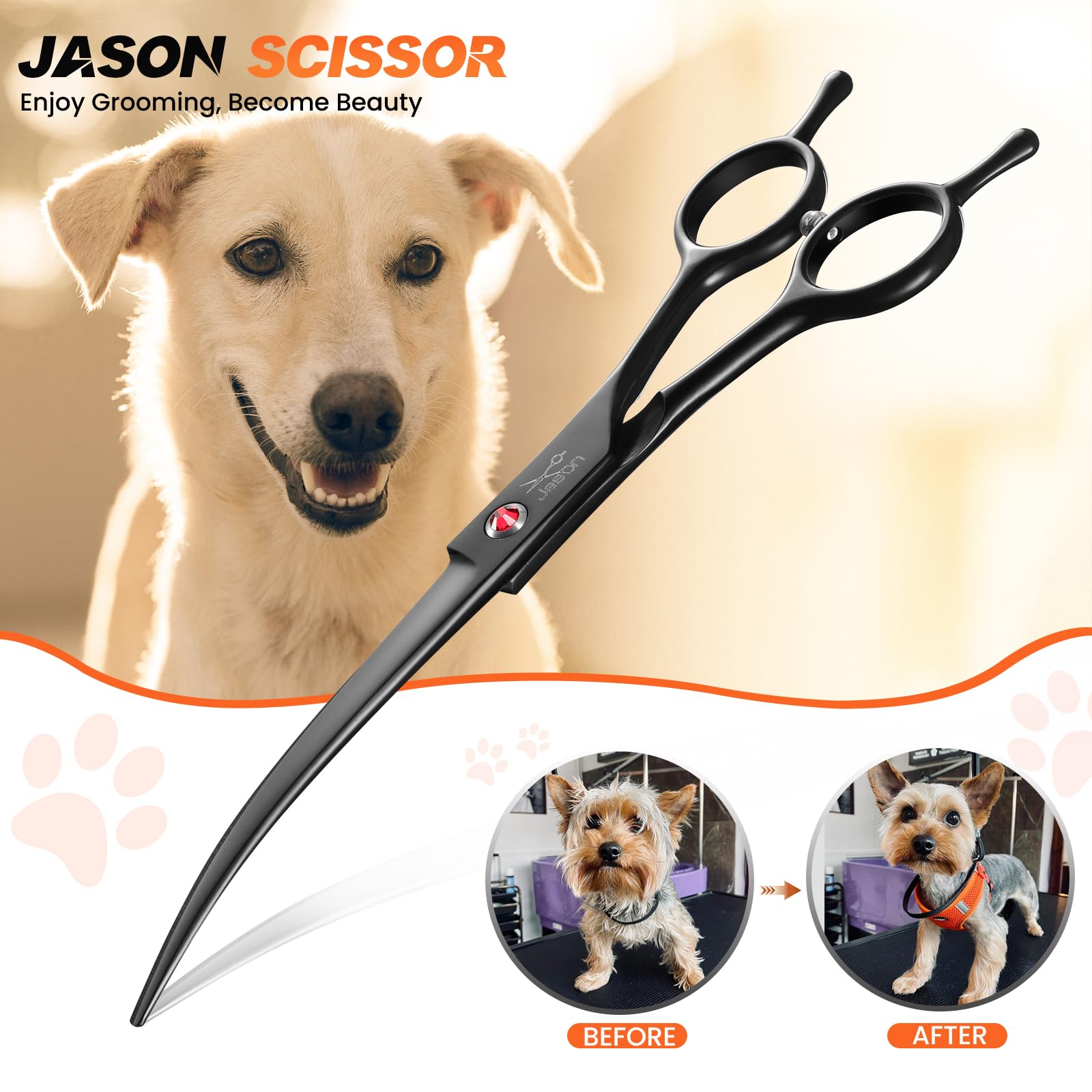JASON 7.5'' Dog Grooming Scissor - Professional Down-curved Shear with Ergonomic Handle Japanese Stainless Steel Hair Scissor fo