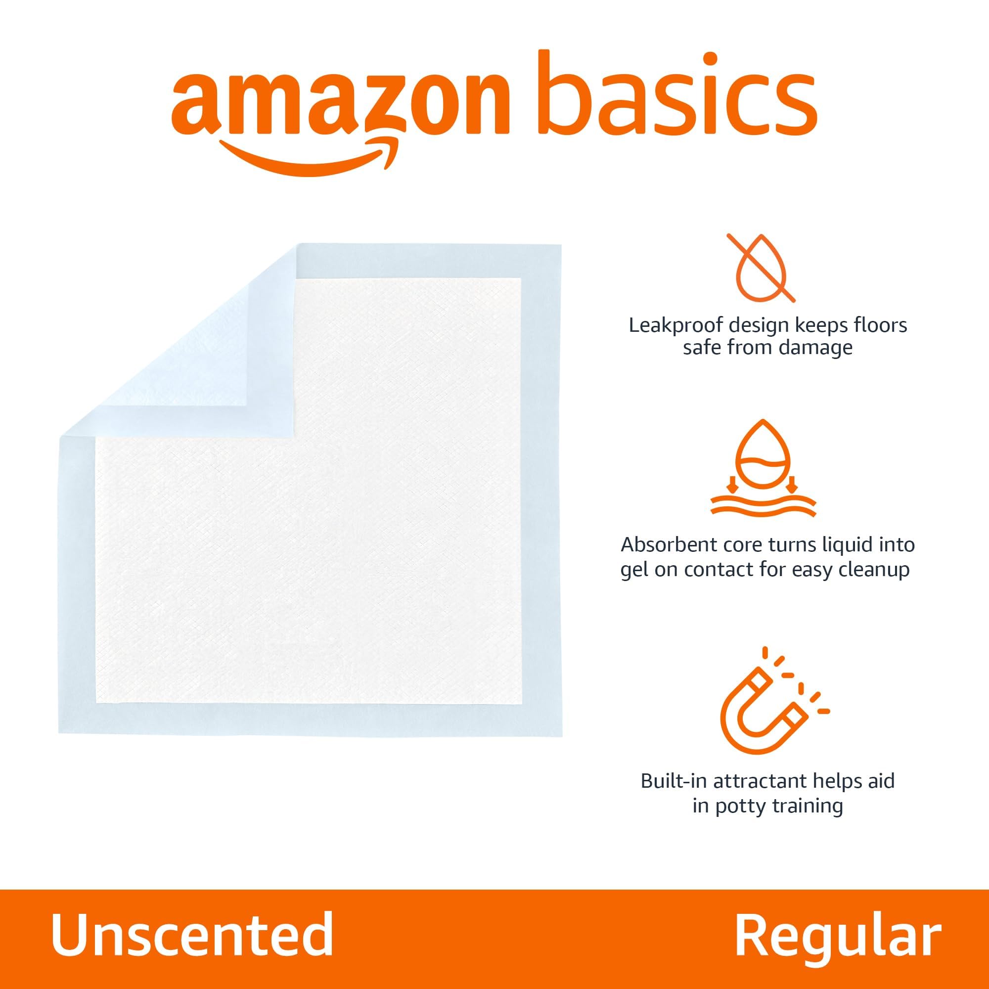 Amazon Basics Dog and Puppy Pee Pads with Leak-Proof Quick-Dry Design for Potty Training, Standard Absorbency, Regular Size, 22