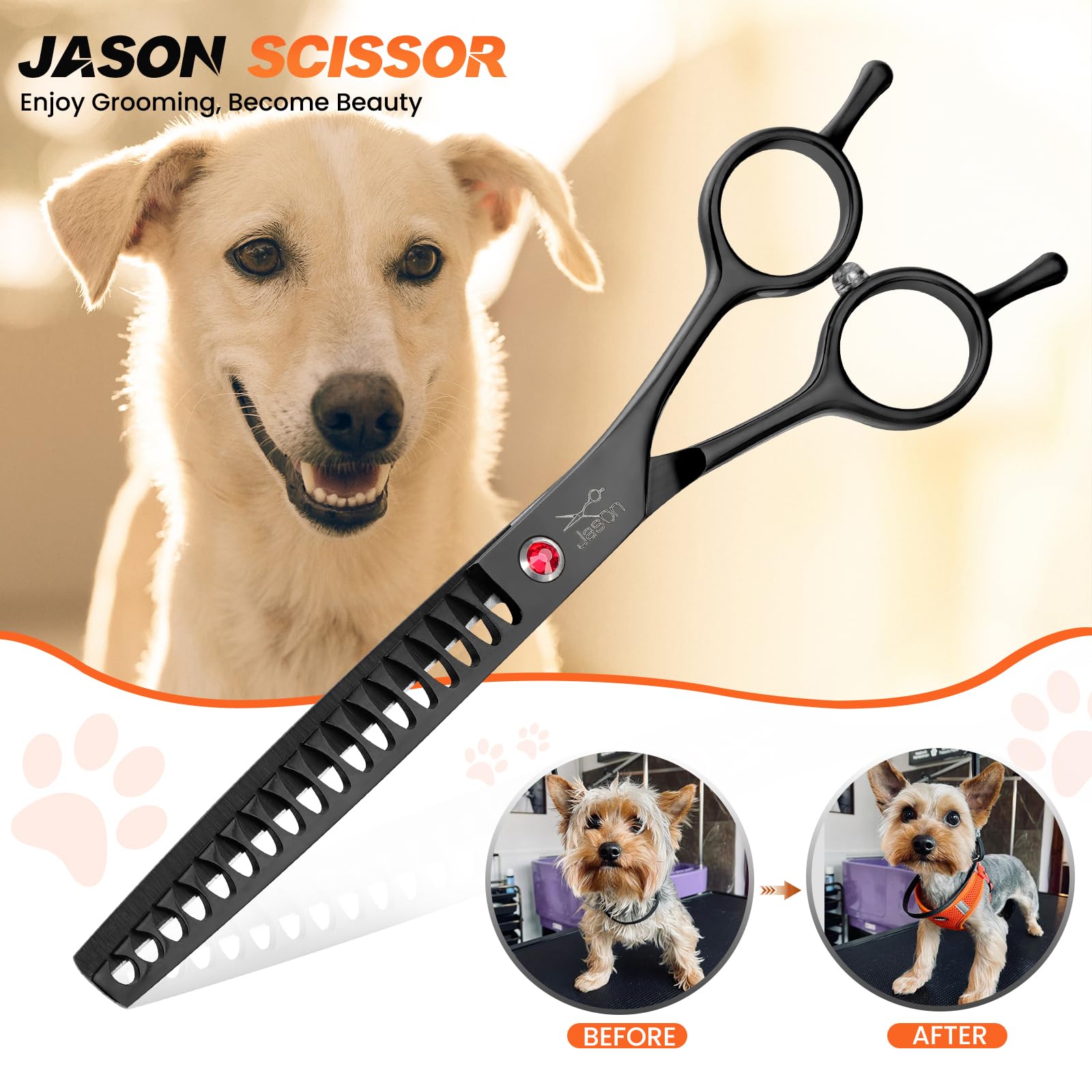 JASON 7.5'' Dog Grooming Scissor - Professional Thinning Chunker Shear with 18 Teeth Japanese Stainless Steel Hair Scissors for