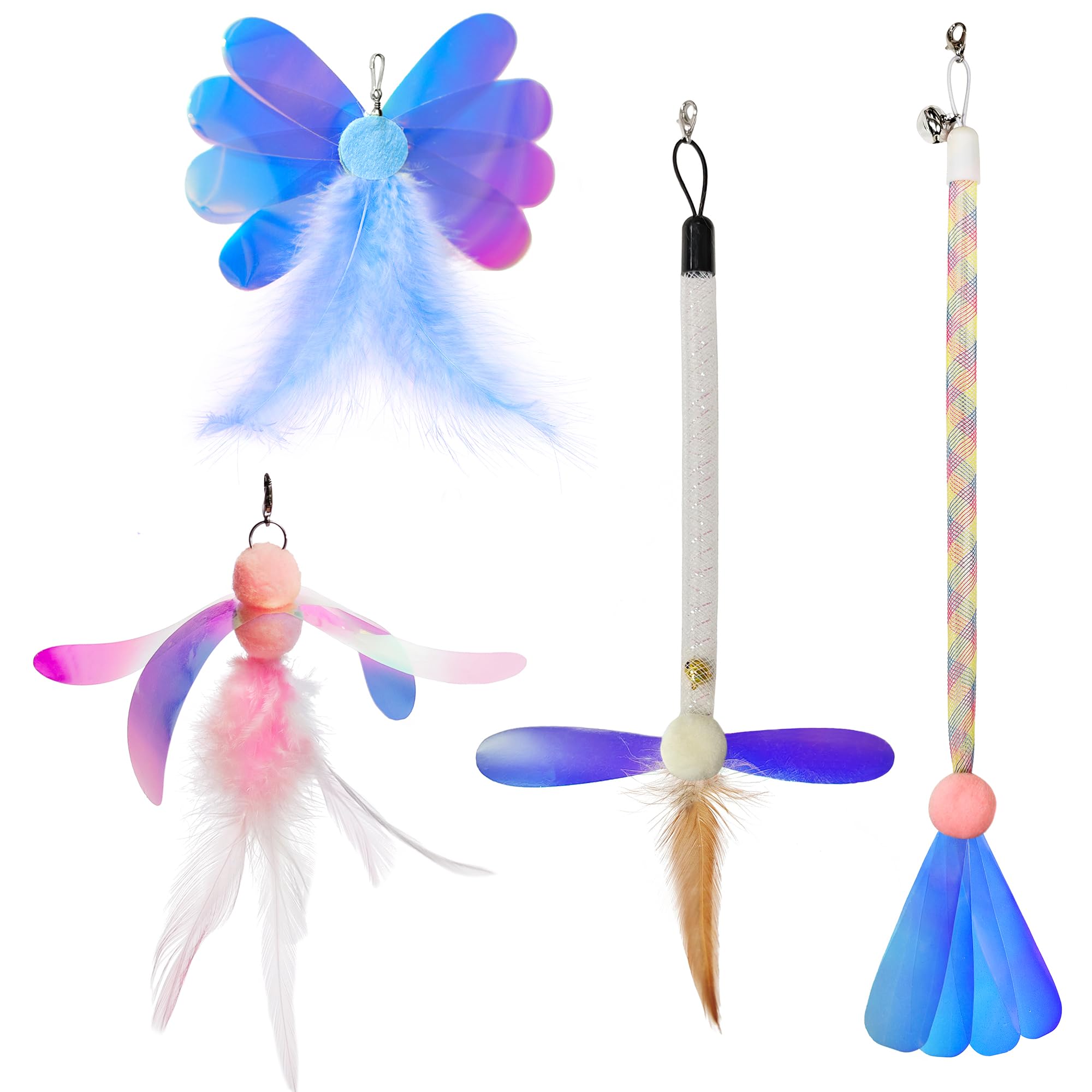 JXFUKAL Cat Feather Toy Refills, 4Pcs Simulation Butterfly Dragonfly Glitter Piece Feather Cat Lures Cat Wand Attachment Cat Toy