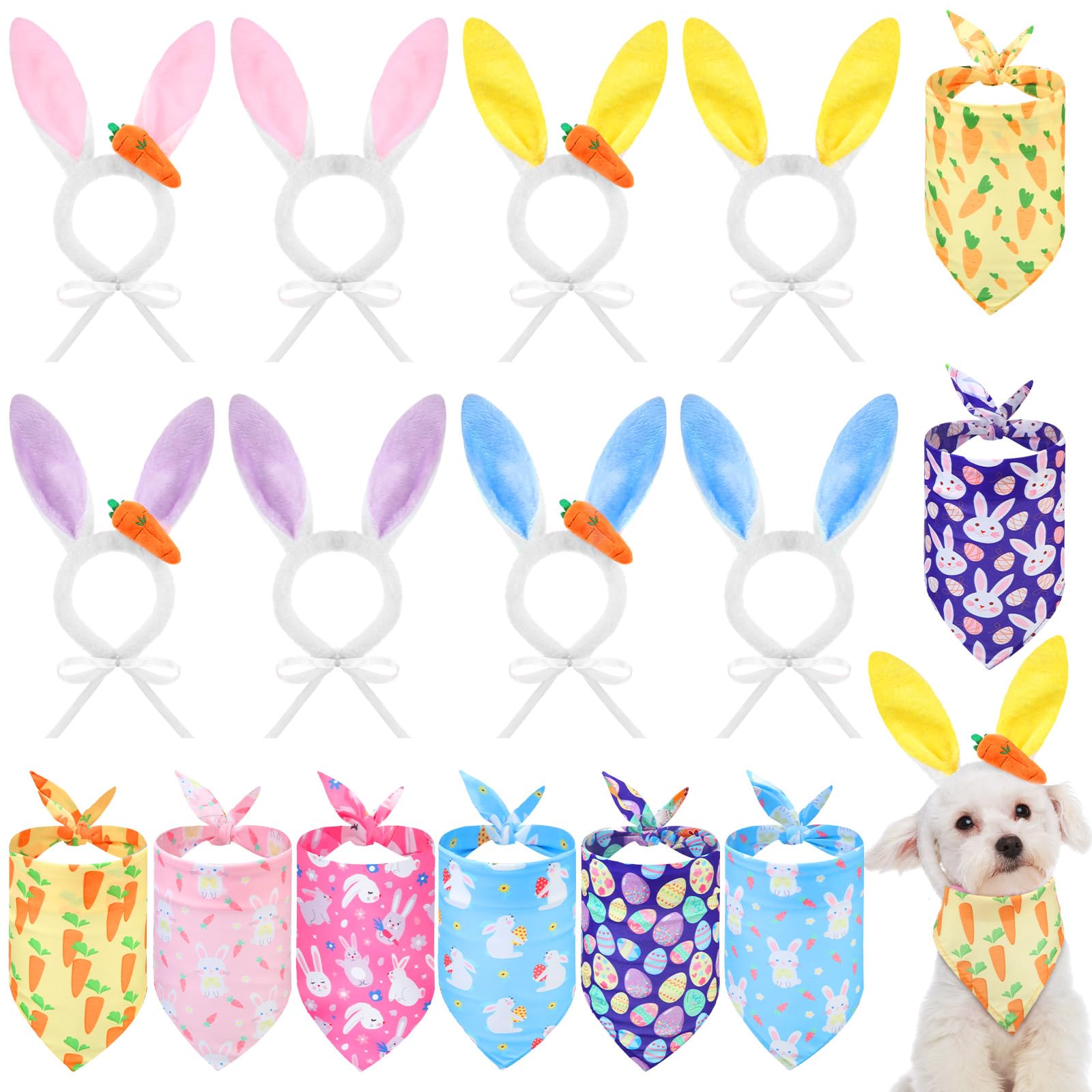 Siltriangle 16 Pack Dog Easter Outfit Including 8 Bunny Ears Headband And 8 Easter Dog Bandana Four Colors Bunny Ears Pet Bandan