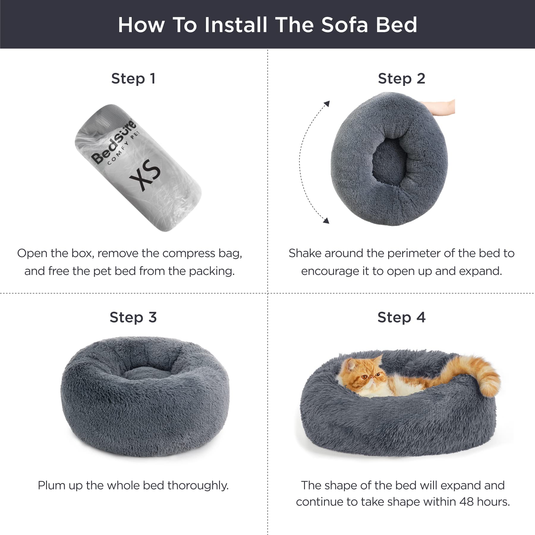 Bedsure Calming Cat Bed - Washable 20" Plush Faux Fur for Indoor Cats, Fits up to 15 lbs, Dark Grey