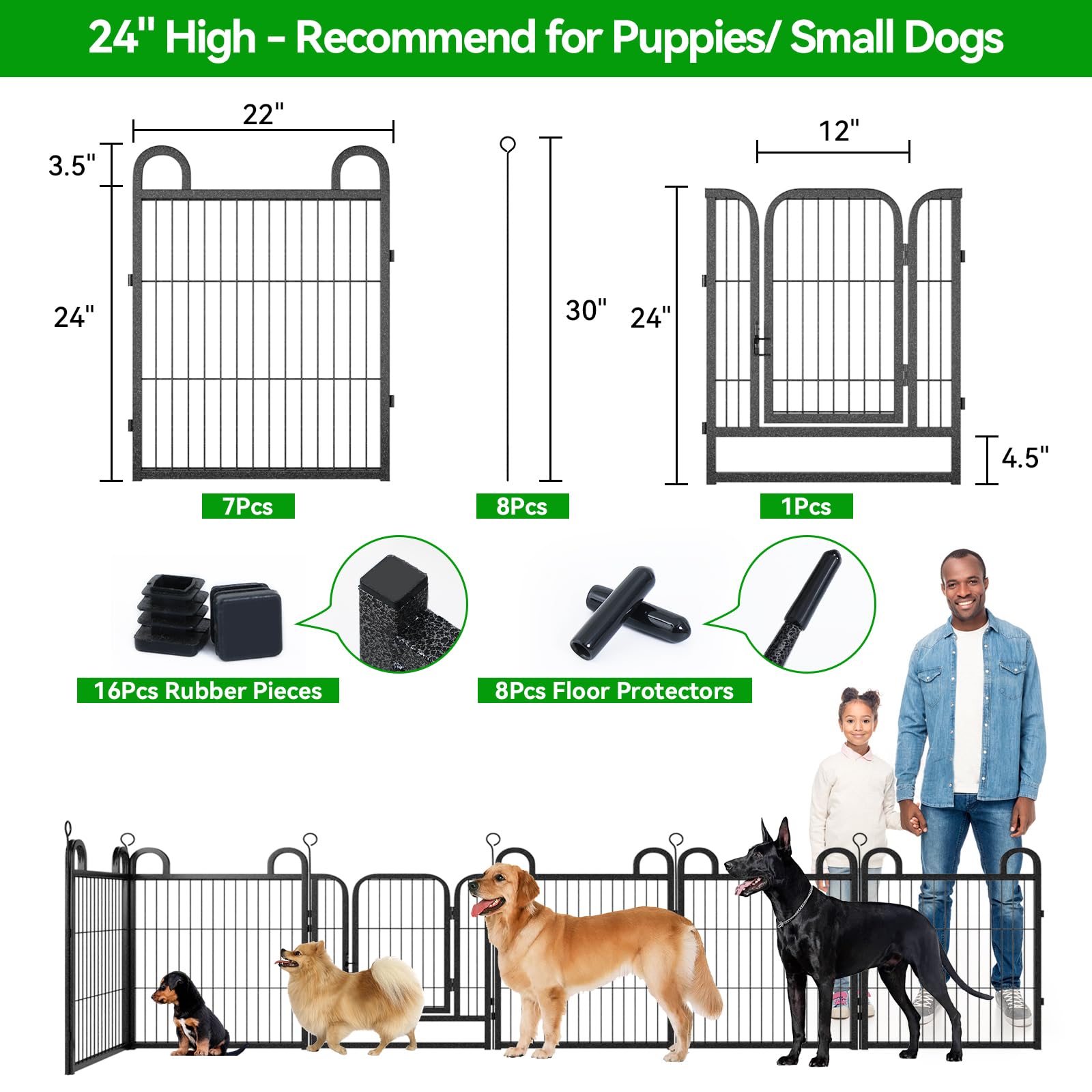 Puppy Playpen 8 Panels Small Dog Fence Outdoor Indoor Use 24'' Height Anti-Rust With Doors Portable Dog Play Pen For Rv Camping