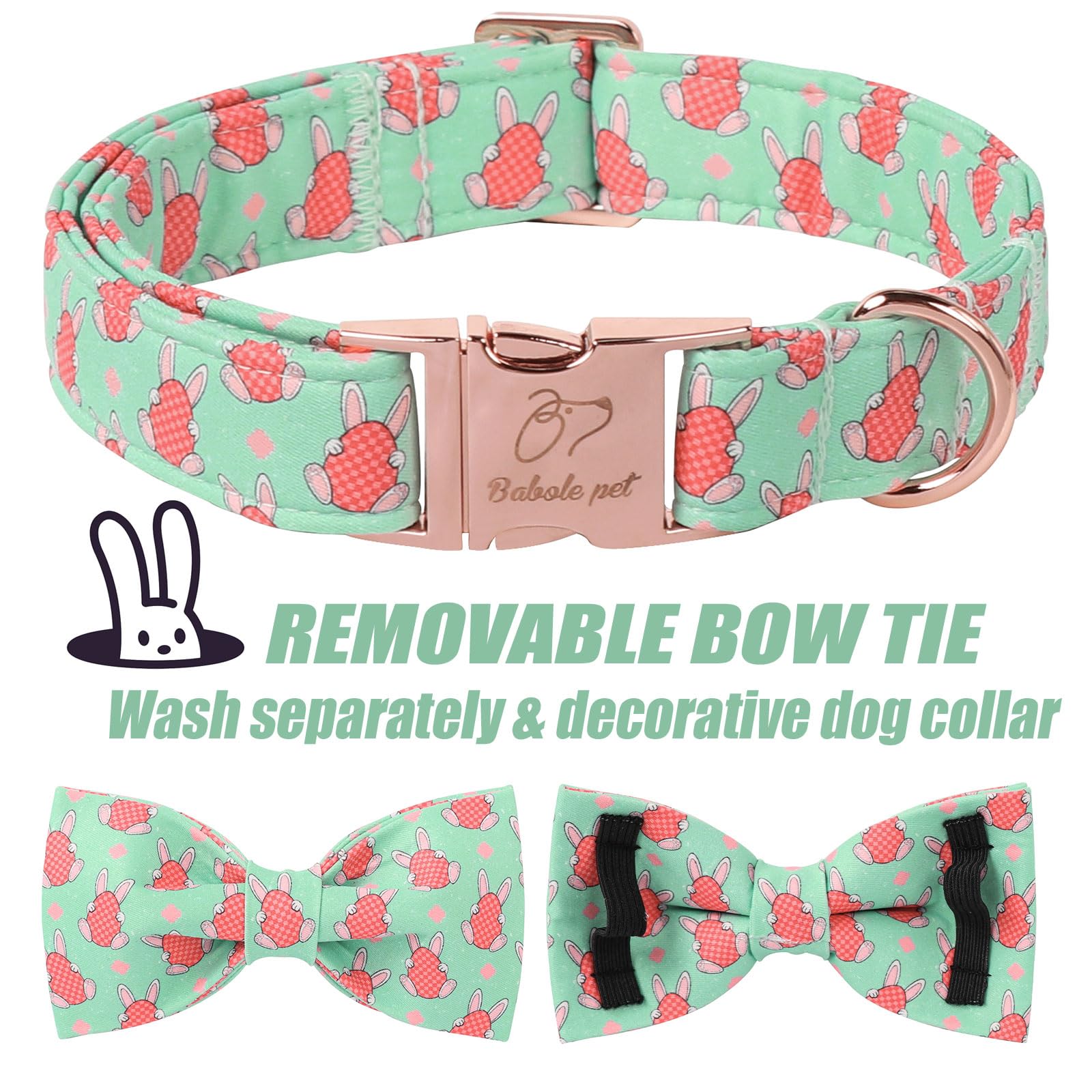 Babole Pet Dog Collar With Easter Bow Tie - Bunny Egg Pattern Bowtie Adjustable Heavy Duty Spring Collar For Small Medium Large