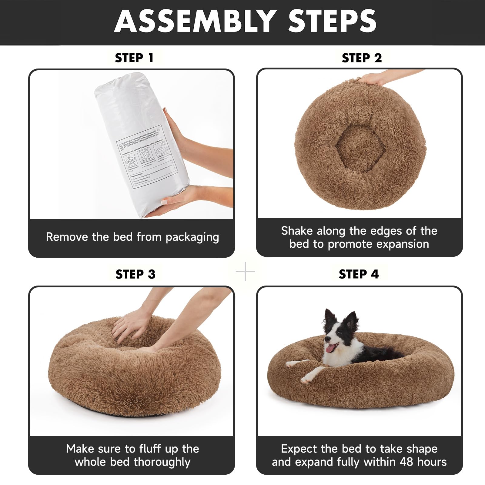 Ohgeni Calming Donut Dog & Cat Bed, Machine Washable Plush Waterproof Zipper Cover, Anti-Slip Round Cuddle Comfort Pet Bed, Cozy Warming Fluffy Faux Fur Bed For Medium Large Dogs, Ocher, 36 Inches