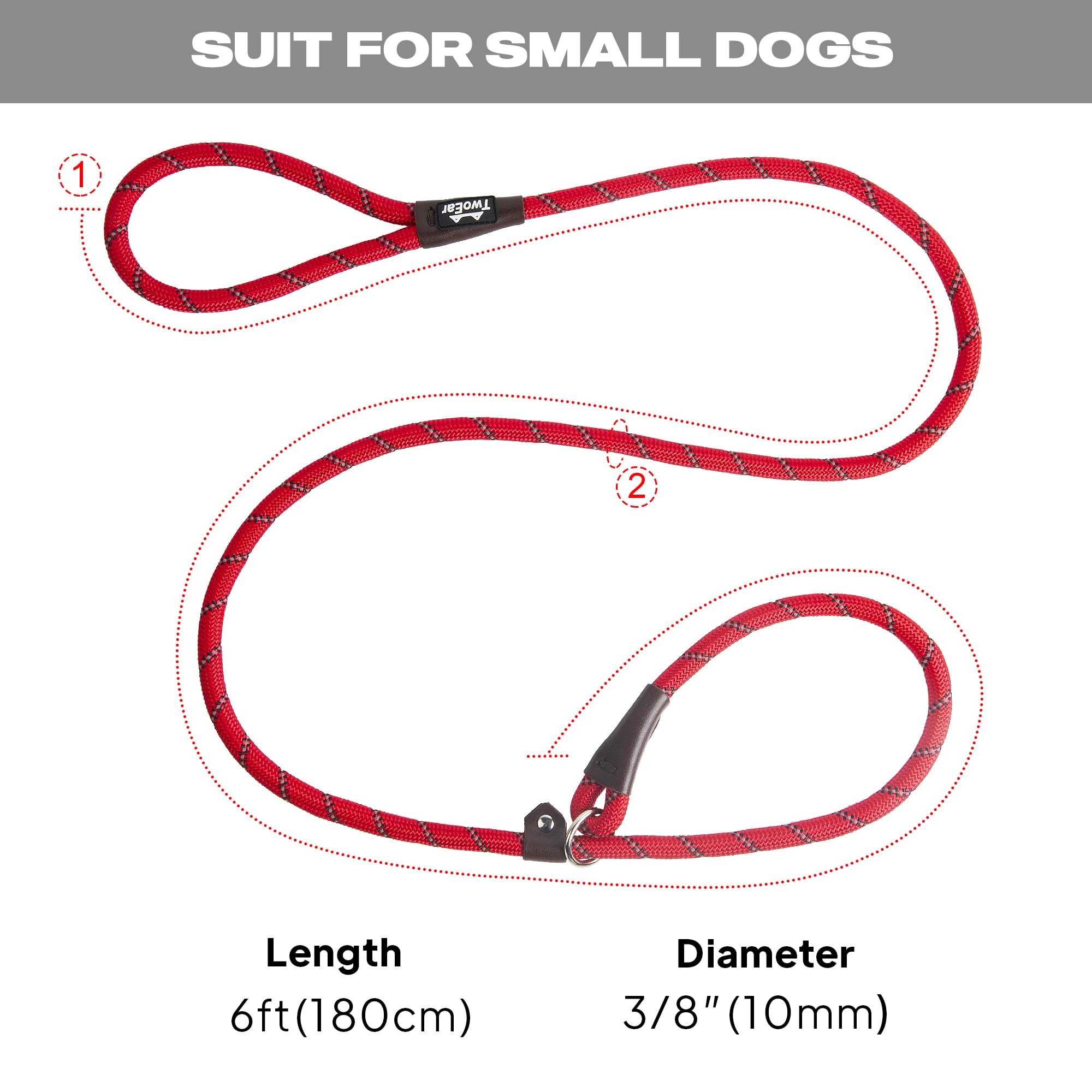 Twoear Dog Leash Dog Slip Rope Leash 6Ft Dog Training Leash Heavy Duty Strong Slip Lead Highly Reflective Threads For Small Medium And Large Dogs (Slim(3/8''X6Ft), Red)