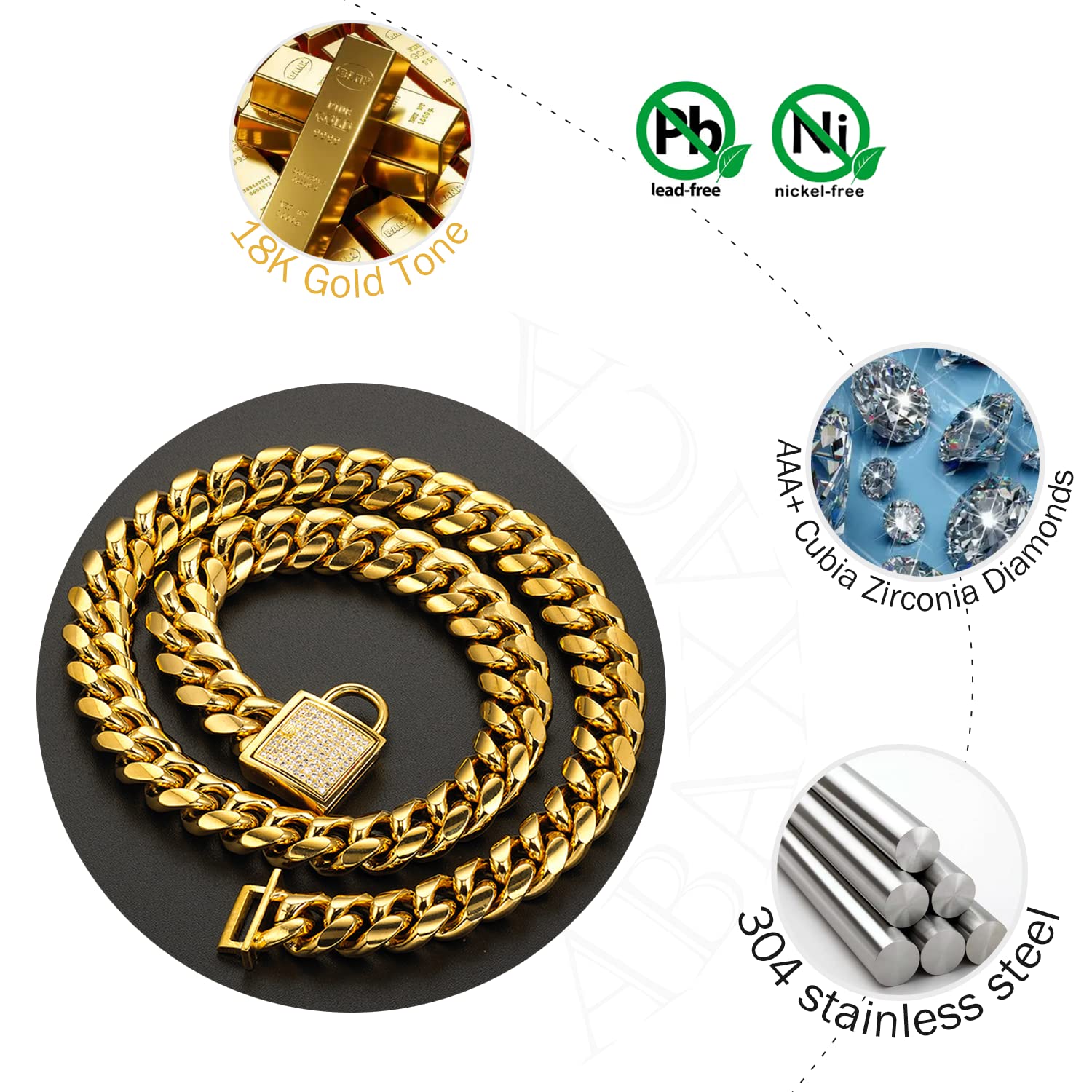 Designer Dog Collar Gold Metal Stainless Steel With Zirconia Lock 14Mm 18K Gold Big Dog Luxury Training Collar Cuban Lock Link N