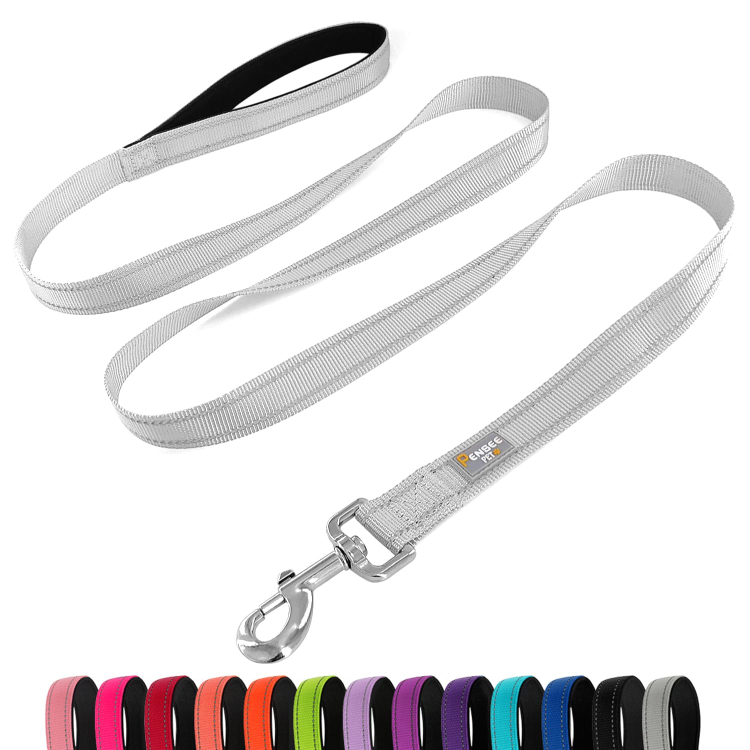 Penseepet Dog Leash 6 Ft Padded Handle Nylon Reflective Dogs Leashes For Medium Dogs Silver