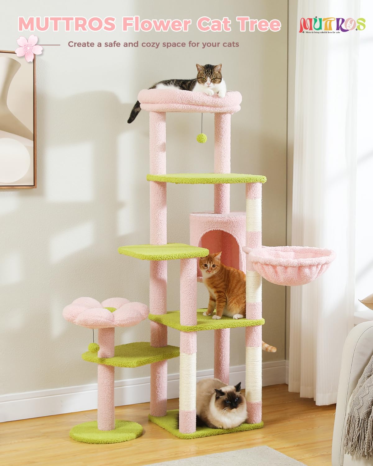 Muttros 59 Flower Cat Tree, Tall Cat Tree For Large Cat, Multi-Level Cat Tower, Cute Cat Tree For Indoor Cats, Cat Condo With