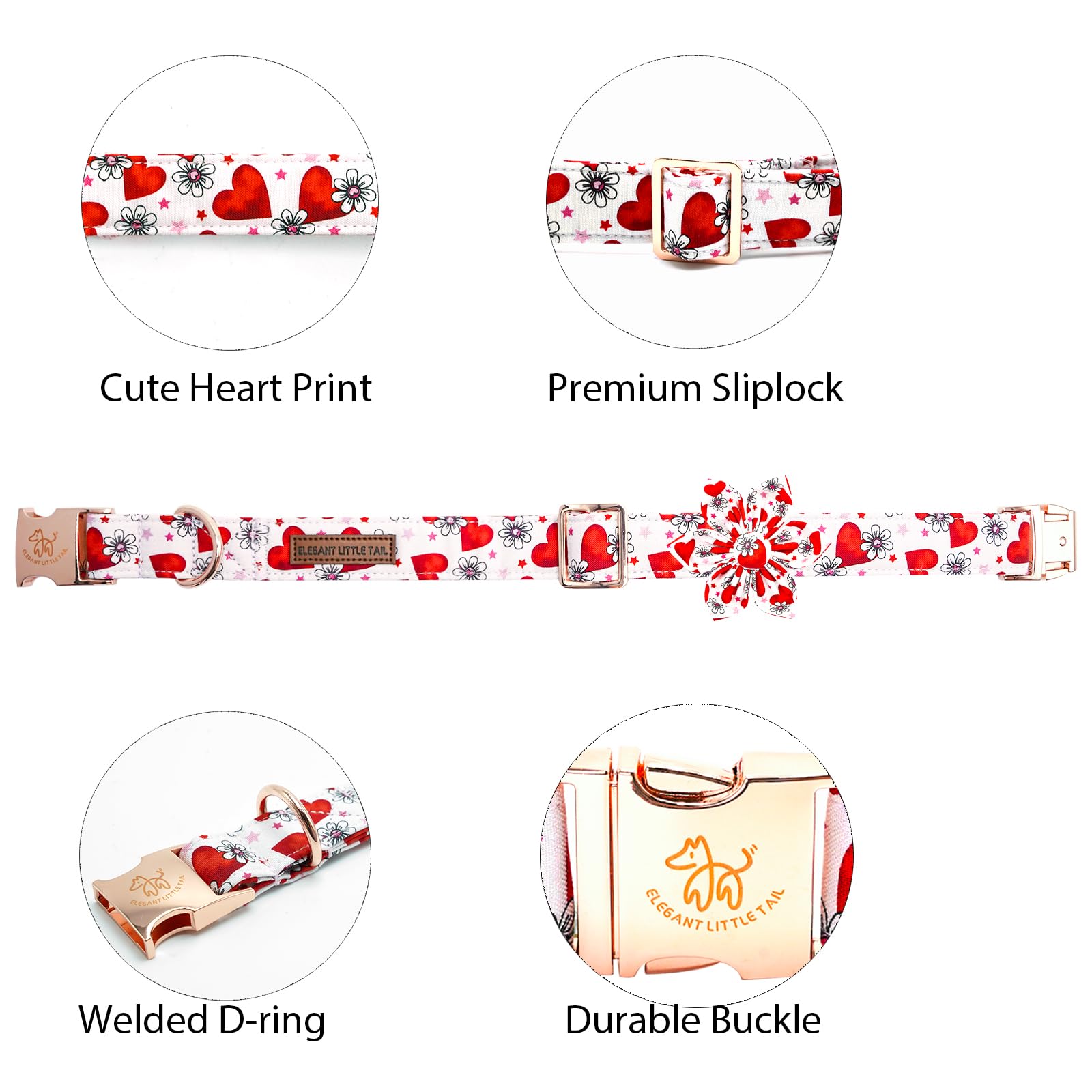 Elegant little tail Valentine's Dog Collar with Flower, Cute Flower with Heart Dog Collar Holiday Female Adjustable Cotton Pet C